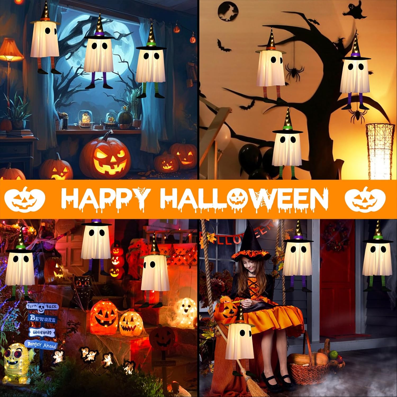 Halloween Witcher Hat Hanging Ghost Lights 3 Pack Outdoor Indoor Decor