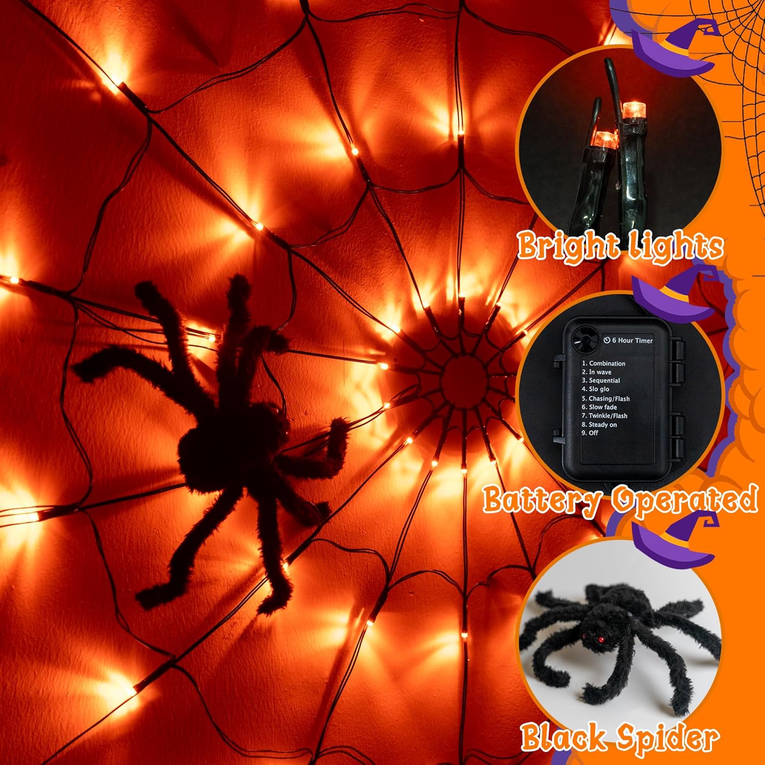 Halloween Spider Web Lights 70 LED Battery Operated Outdoor Indoor