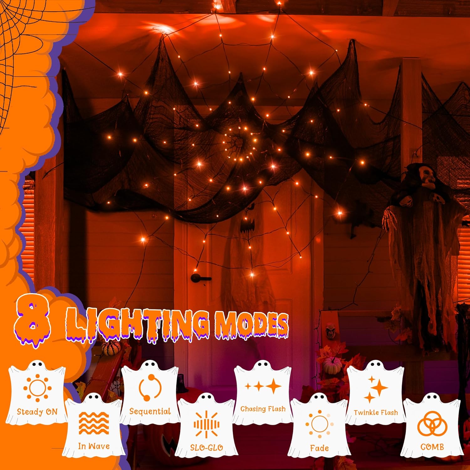 Halloween Spider Web Lights 70 LED Battery Operated Outdoor Indoor