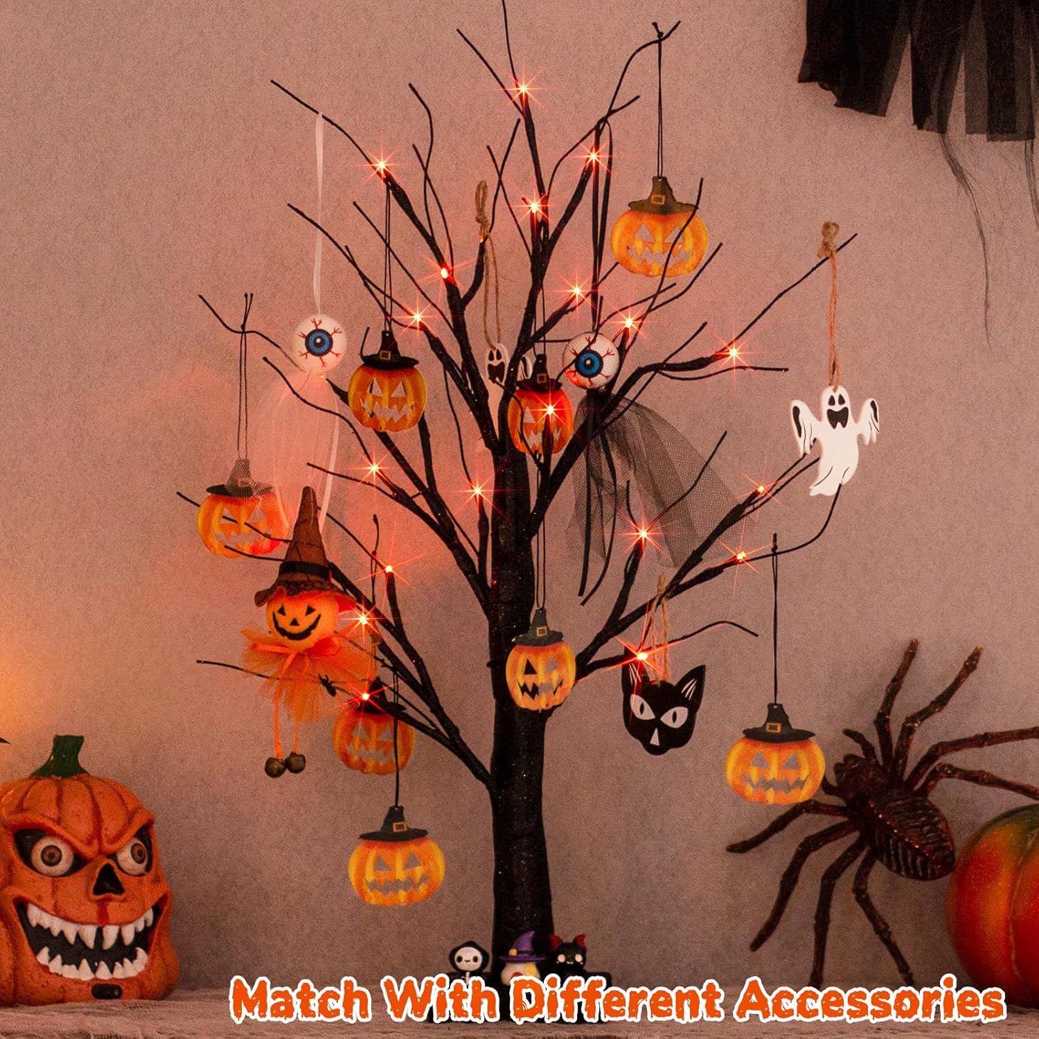 Halloween Tree Lights with Pumpkins, 2FT Black Twig LED Trees Set of 2