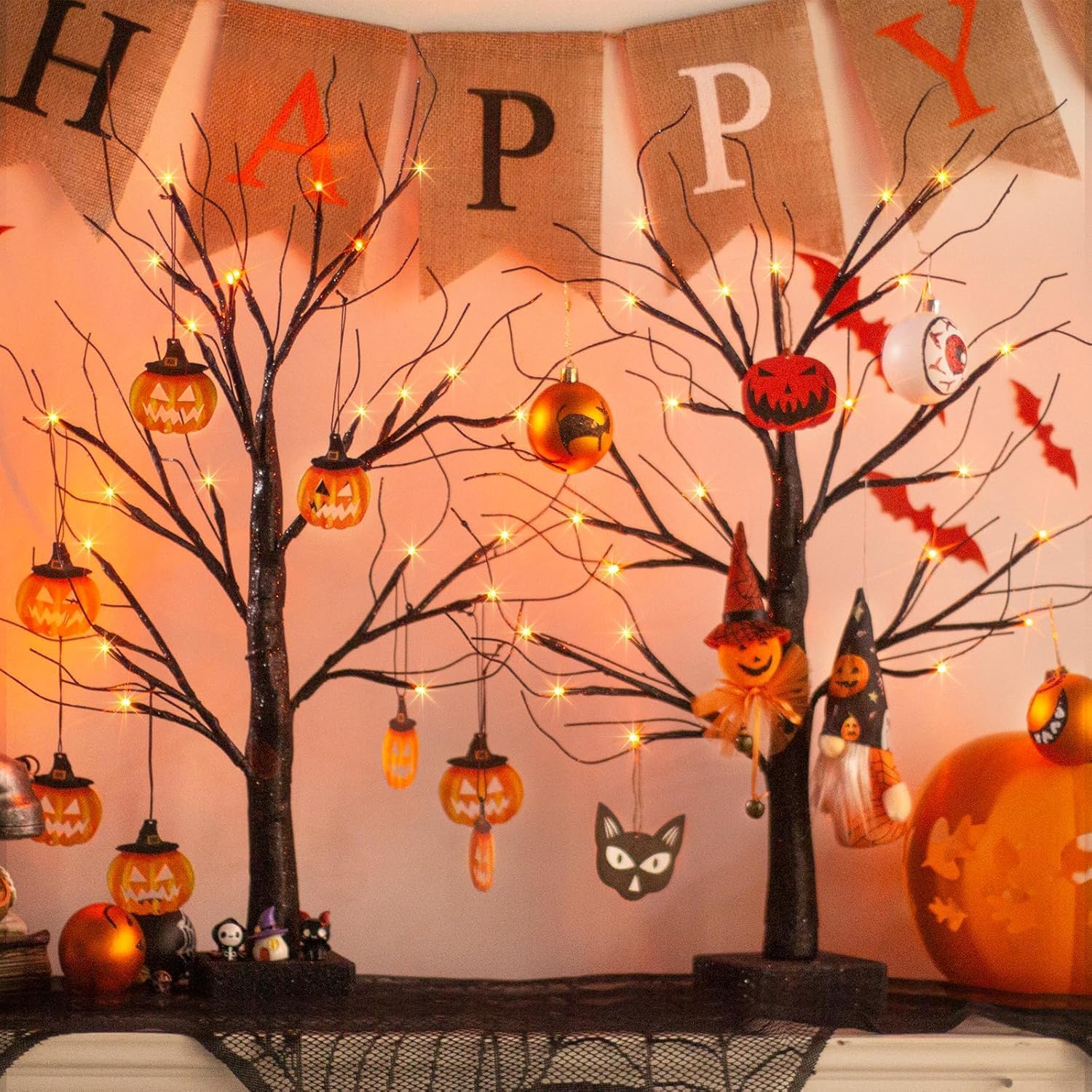 Small Black Glitter Halloween Tree with 24 Orange LED Lights 60cm