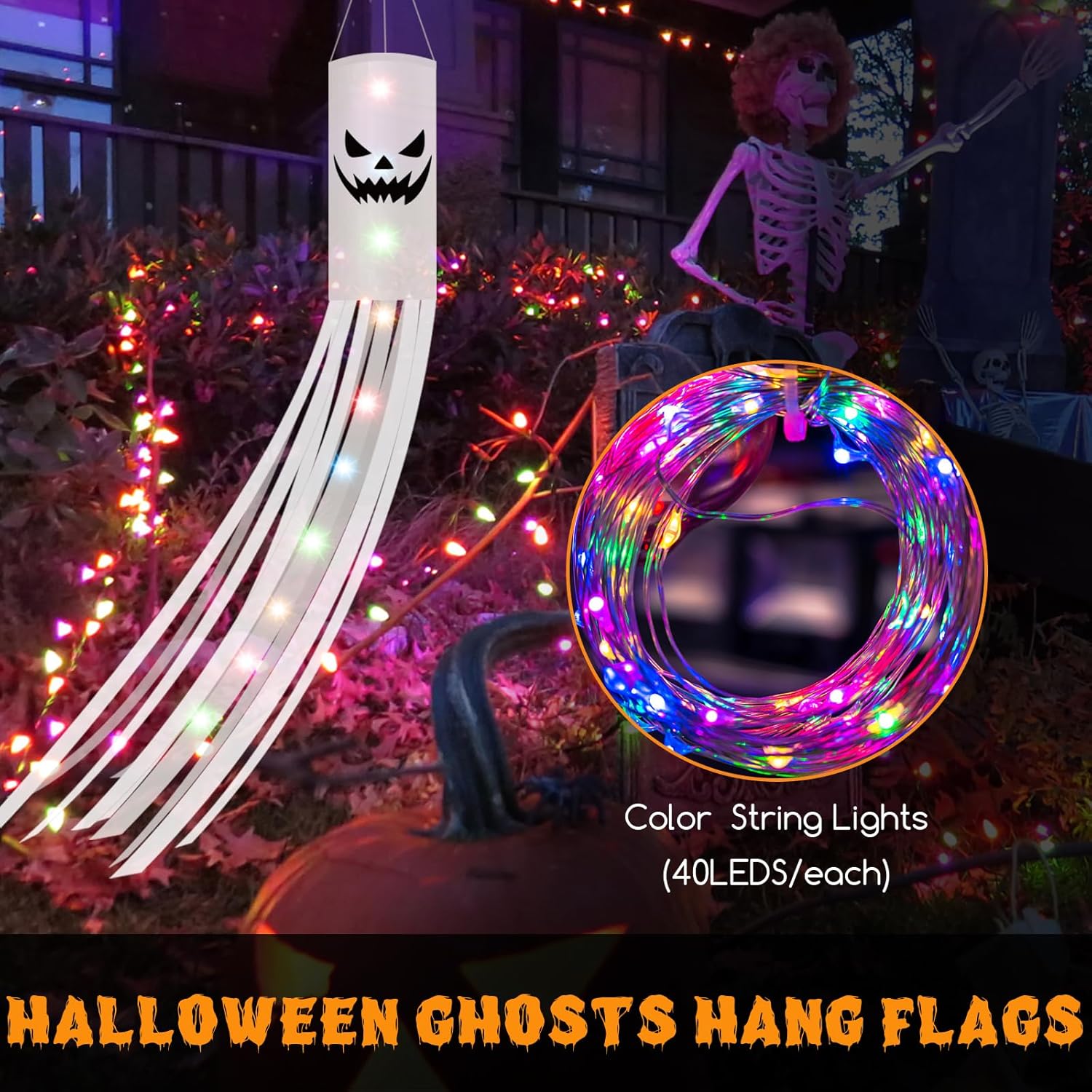 Halloween Ghost Windsocks 180CM with 2M LED Lights Outdoor Decor 2PCS