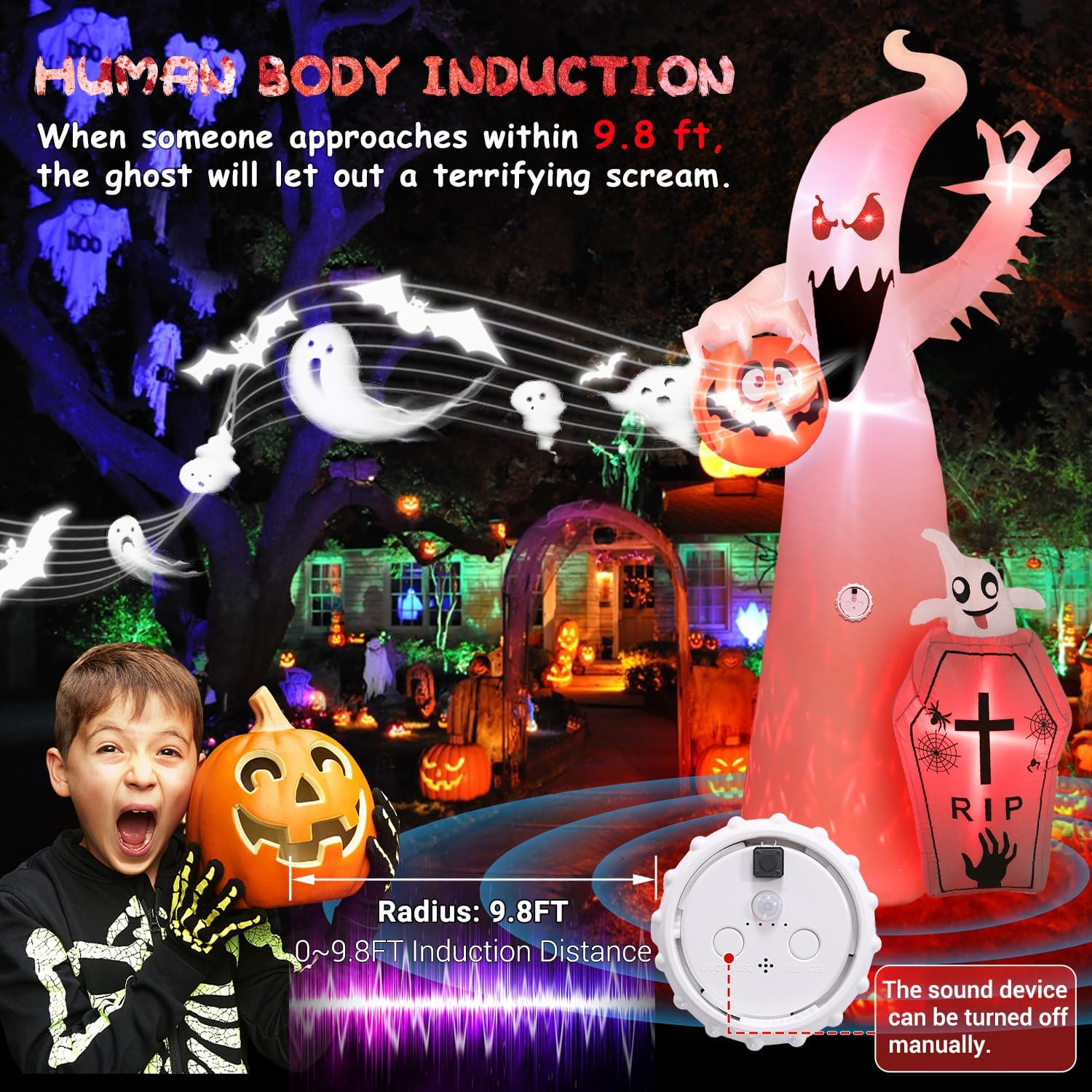 12FT Halloween Inflatable Ghost with RGB Lights & Scary Sound Outdoor