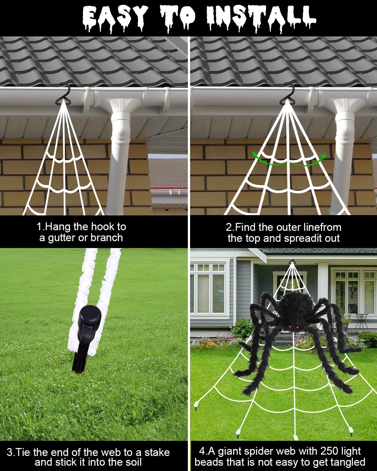 Spider Web Lights Halloween Outdoor 250 LED with Giant 48" Spider