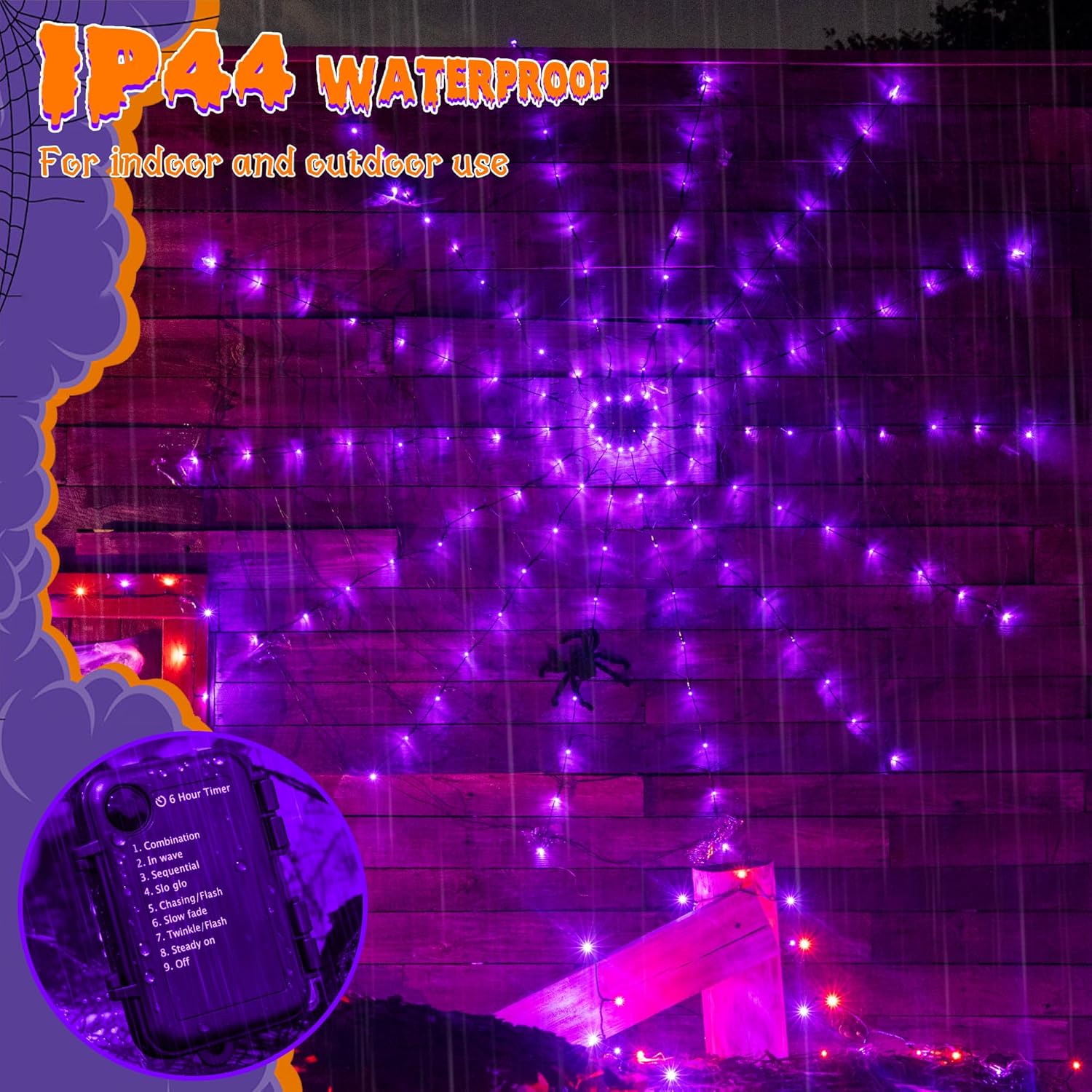 Halloween Spider Web Lights 2m 126 LED Purple Battery Operated