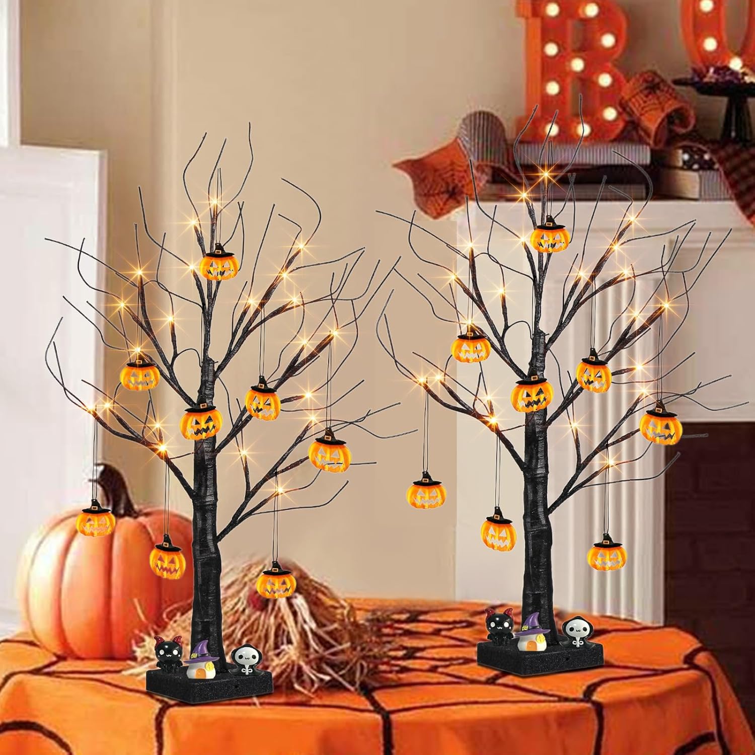 Halloween Tree Lights with Pumpkins, 2FT Black Twig LED Trees Set of 2