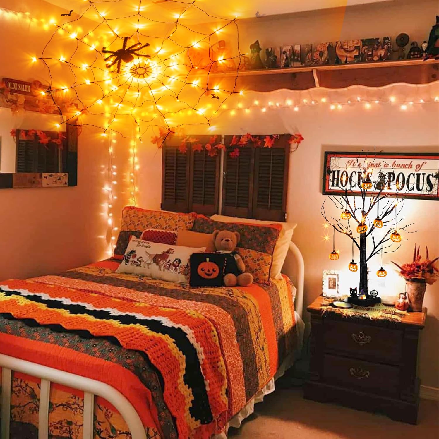 Small Black Glitter Halloween Tree with 24 Orange LED Lights 60cm