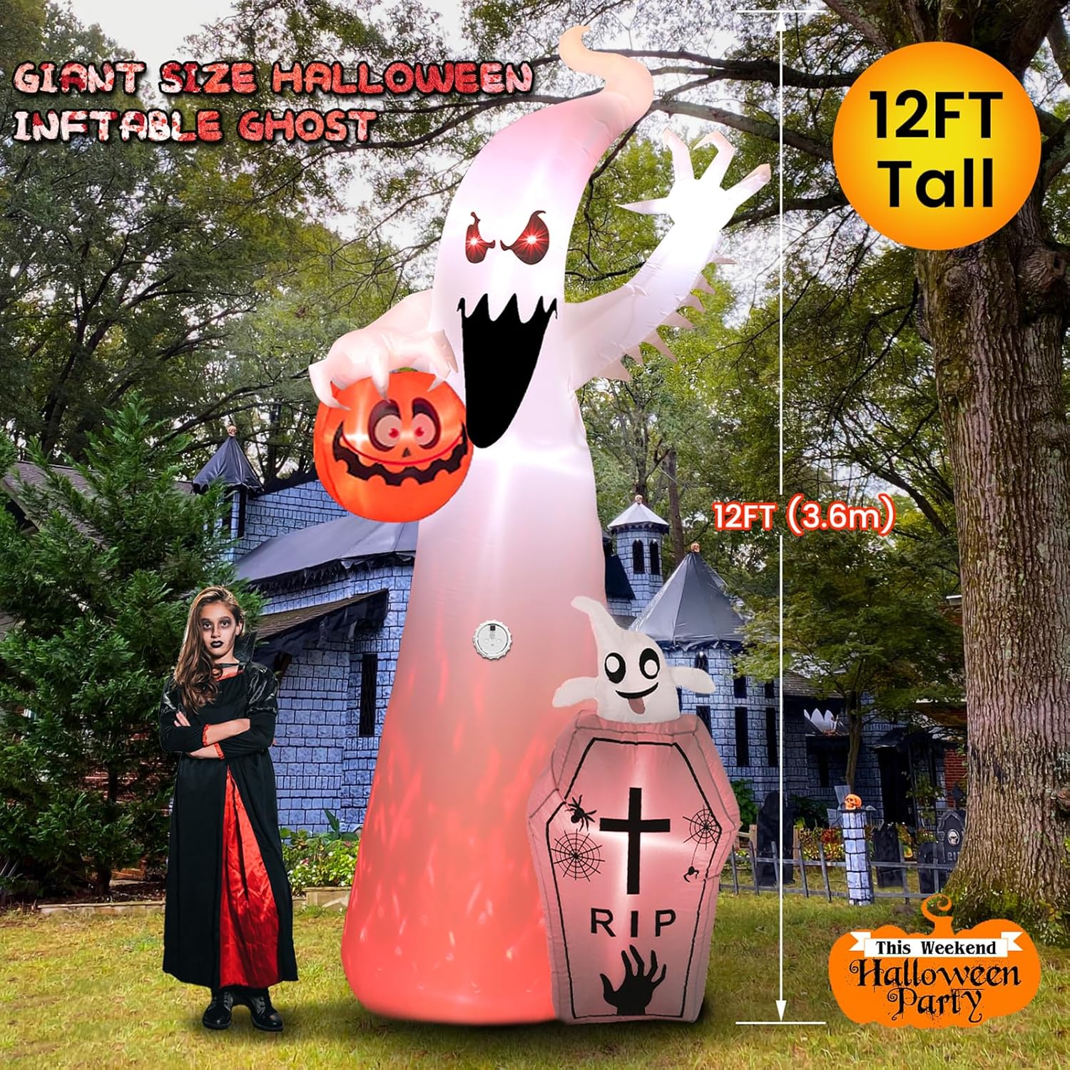 12FT Halloween Inflatable Ghost with RGB Lights & Scary Sound Outdoor