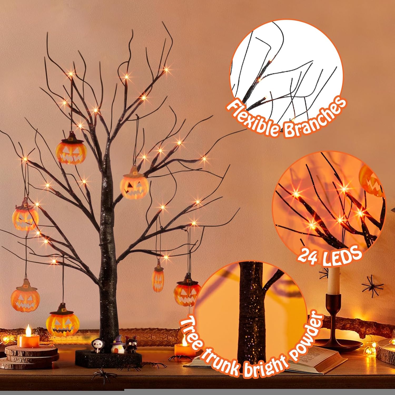 Halloween Tree Lights with Pumpkins, 2FT Black Twig LED Trees Set of 2