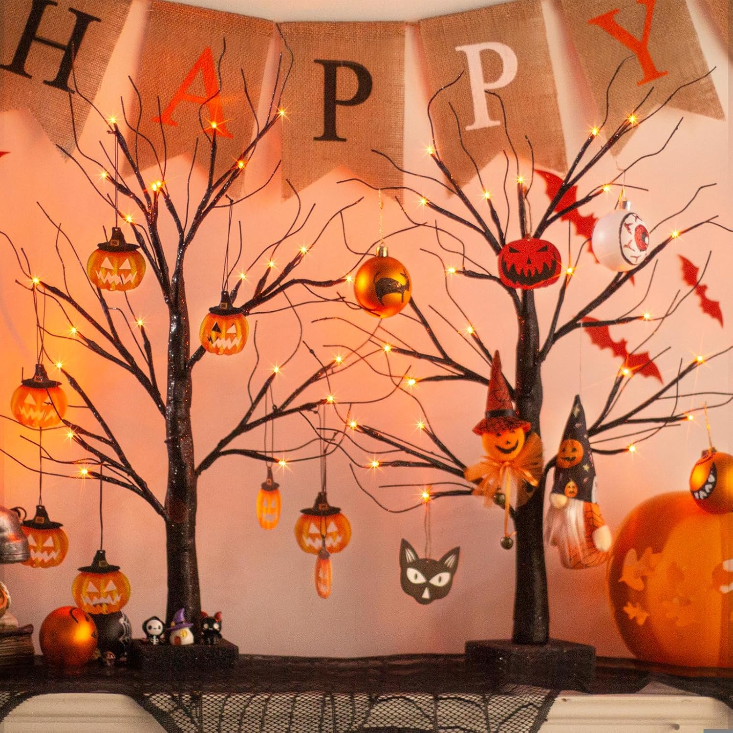 Halloween Tree Lights with Pumpkins, 2FT Black Twig LED Trees Set of 2