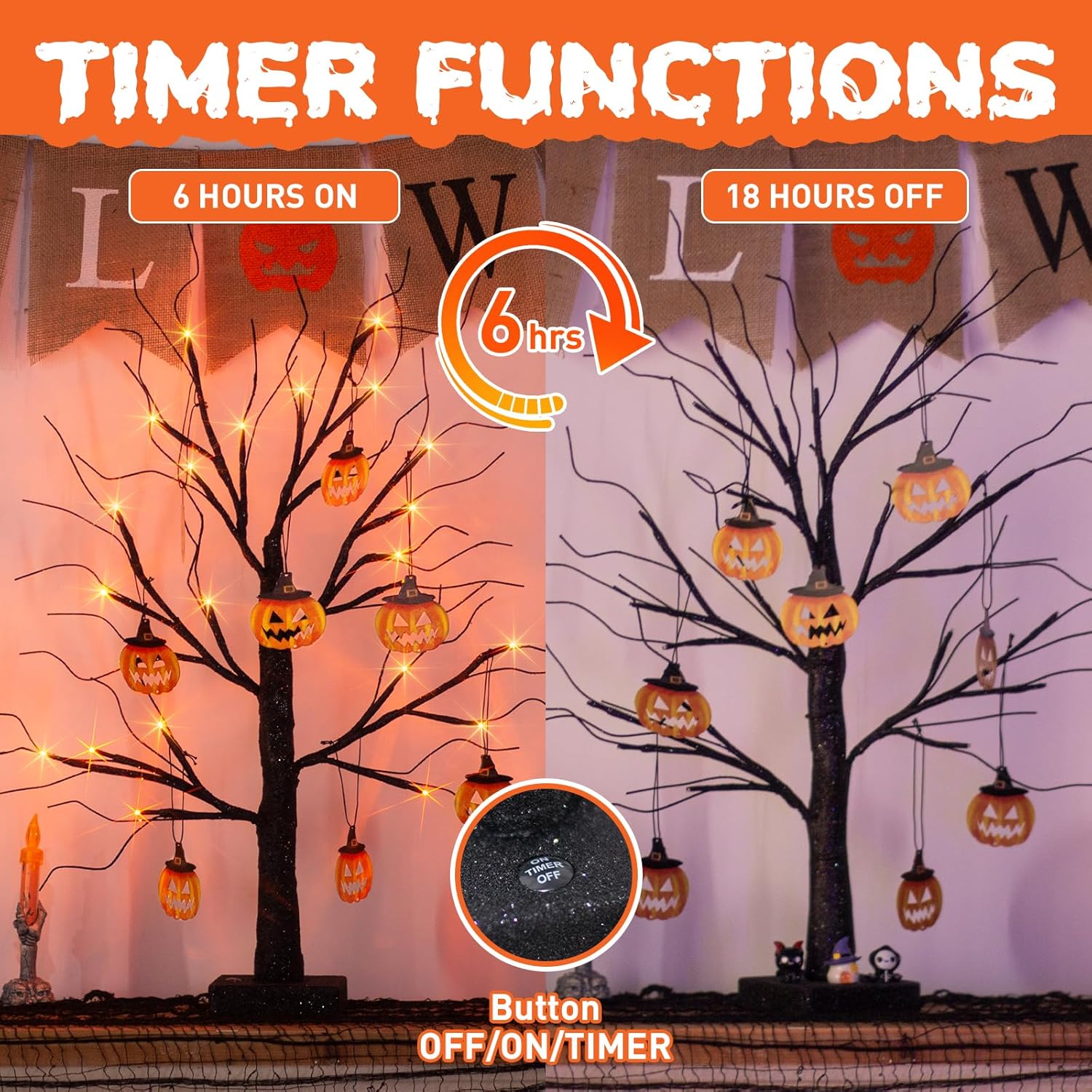 Halloween Tree Lights with Pumpkins, 2FT Black Twig LED Trees Set of 2