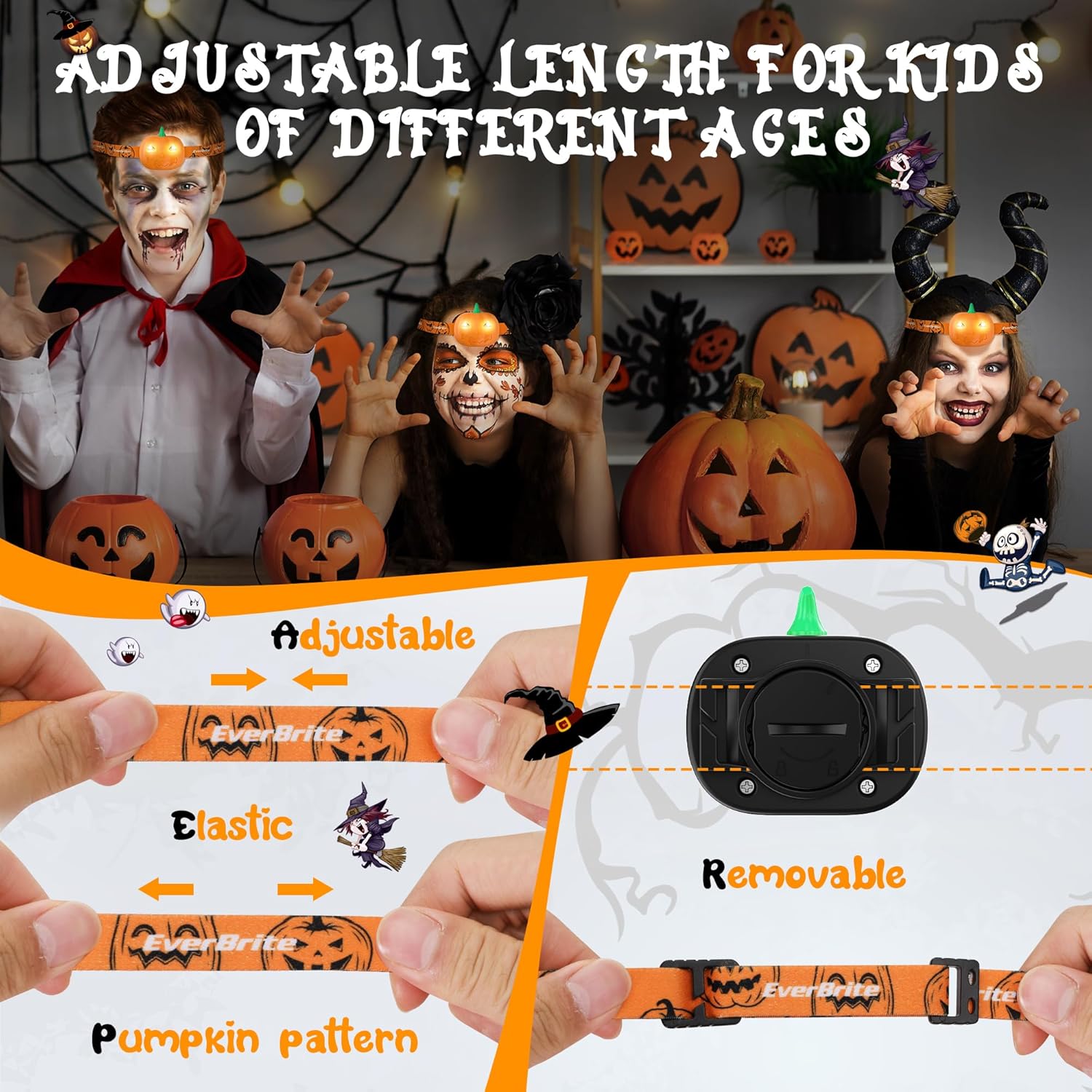2 Pack Pumpkin Head Torches Halloween Headlamp with 2 Lighting Modes