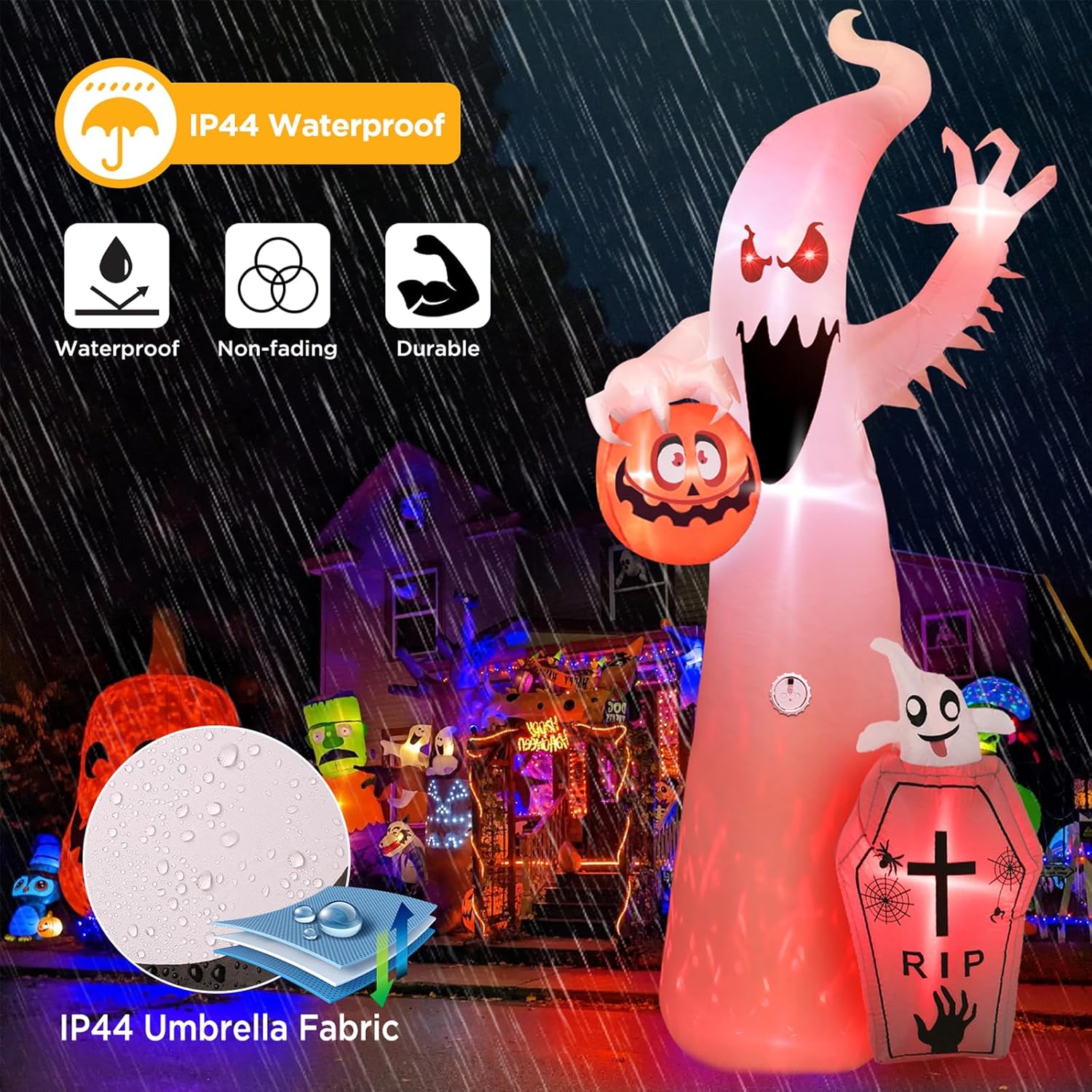 12FT Halloween Inflatable Ghost with RGB Lights & Scary Sound Outdoor