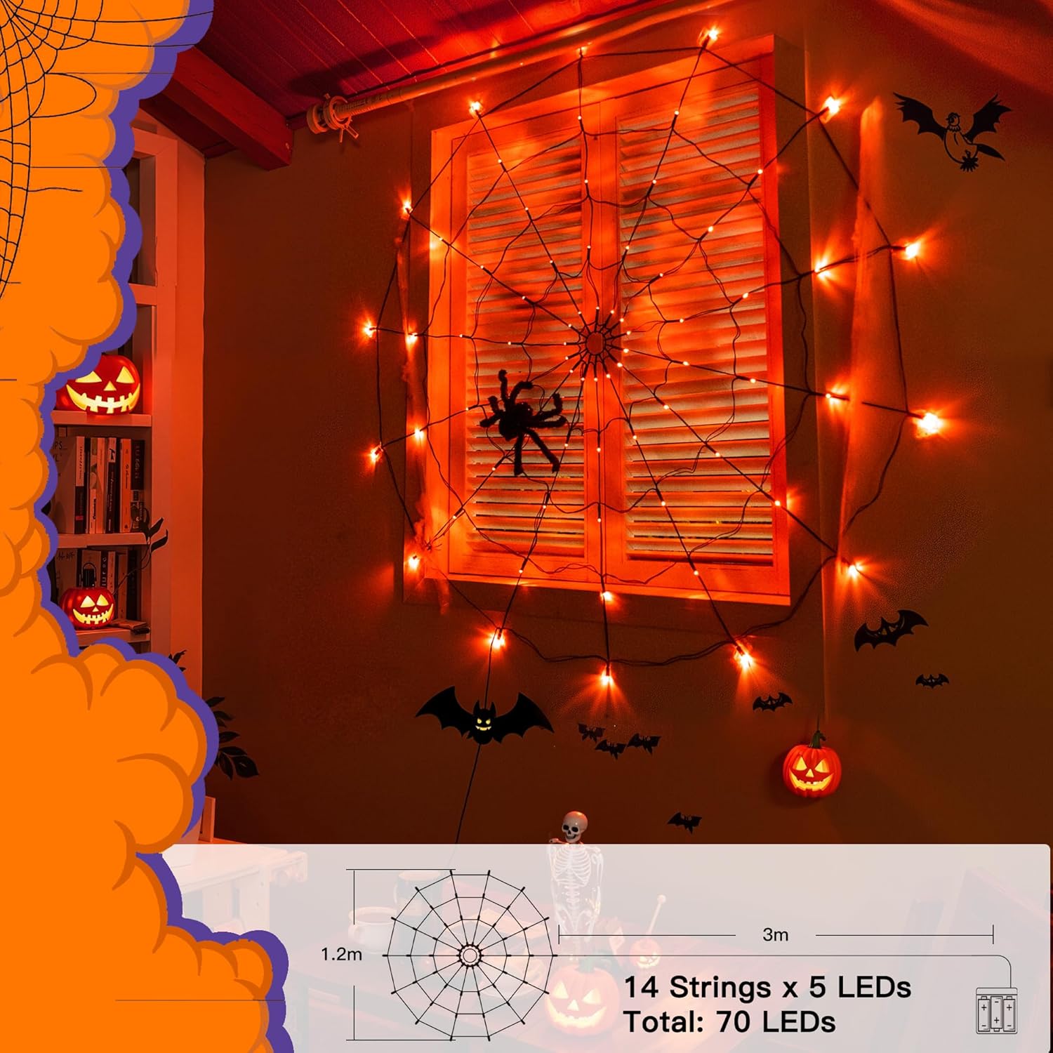 Halloween Spider Web Lights 70 LED Battery Operated Outdoor Indoor