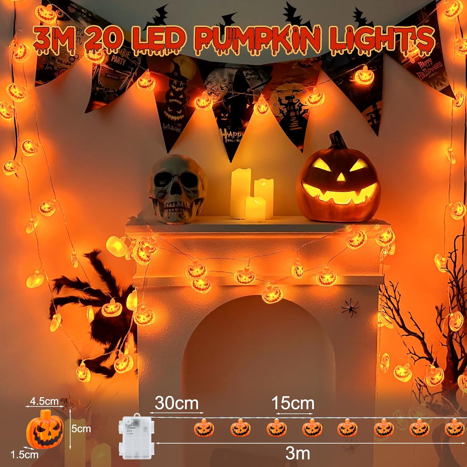 Halloween Pumpkin Lights 3M 20 LED Waterproof Fairy Lights with Timer