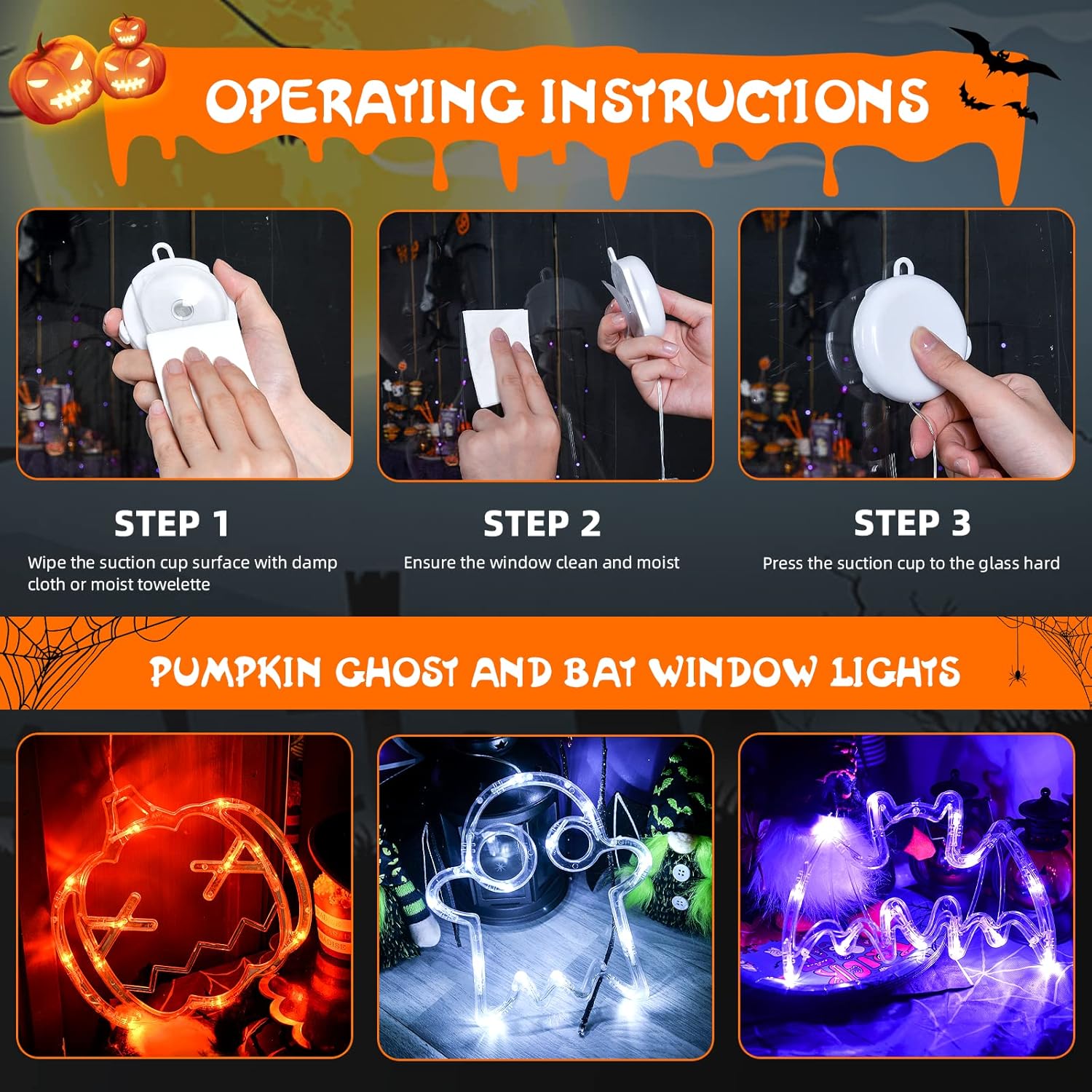 Halloween Window Lights 3 Pack Pumpkin Ghost Bat LED Decorations
