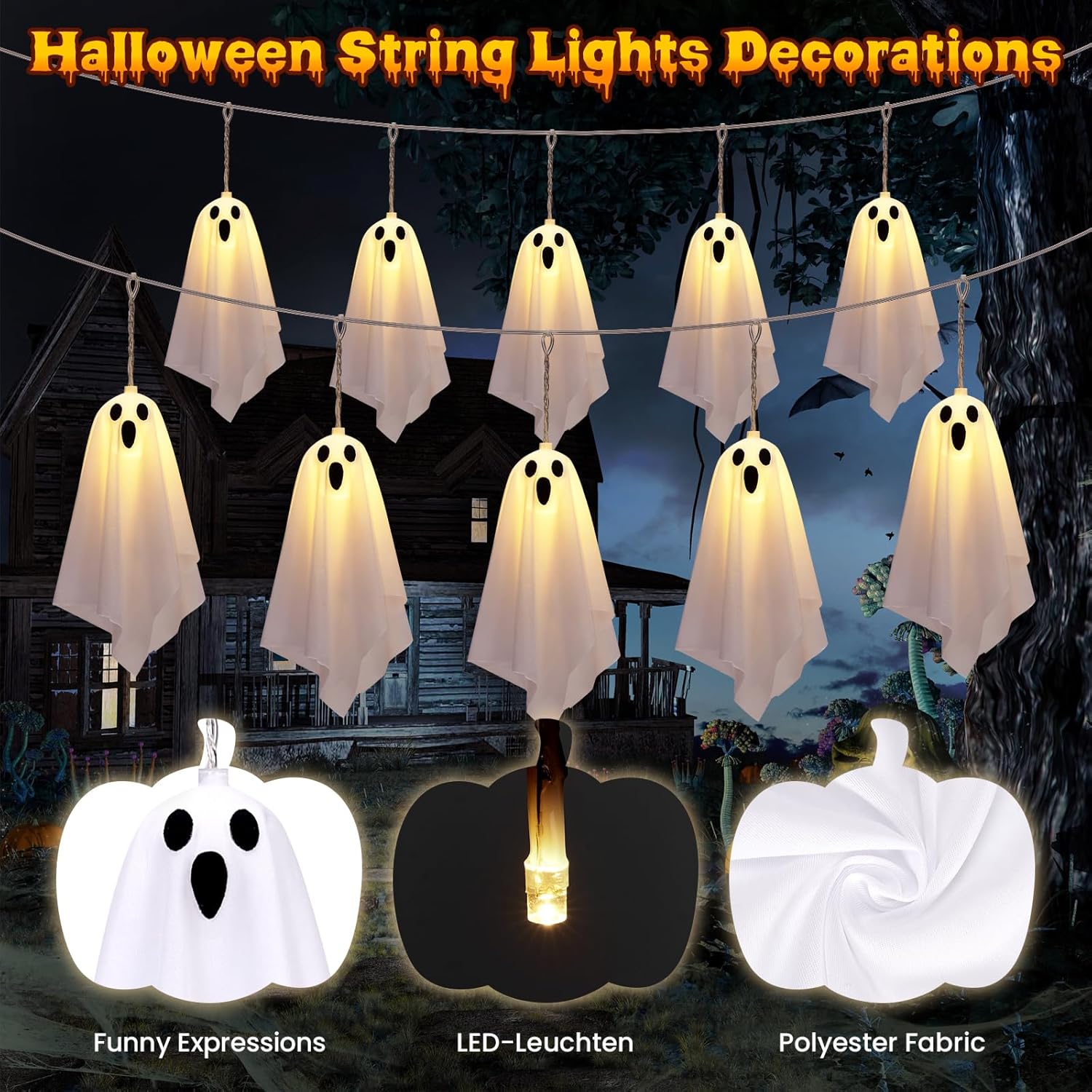 10pcs Halloween Ghost String Lights Outdoor Indoor Battery Operated