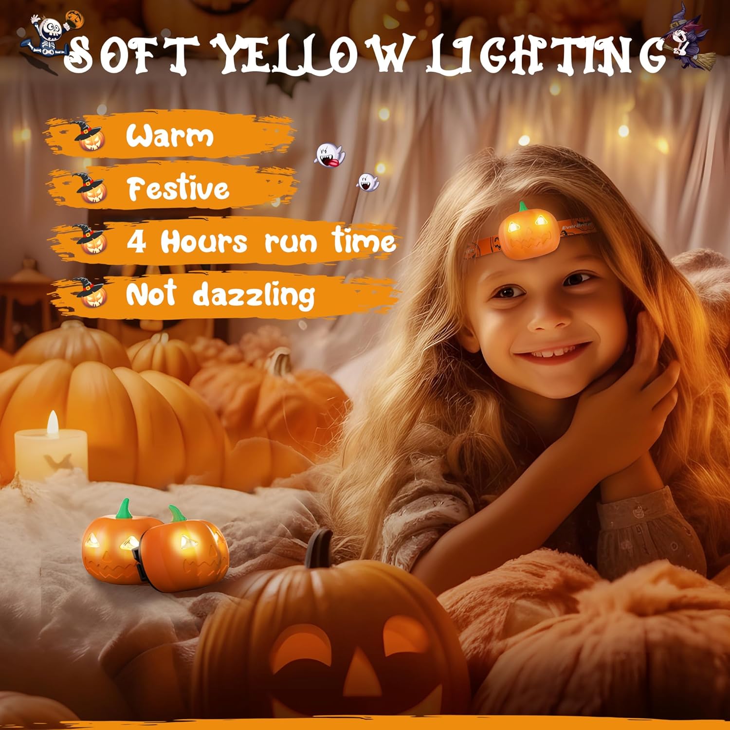 2 Pack Pumpkin Head Torches Halloween Headlamp with 2 Lighting Modes