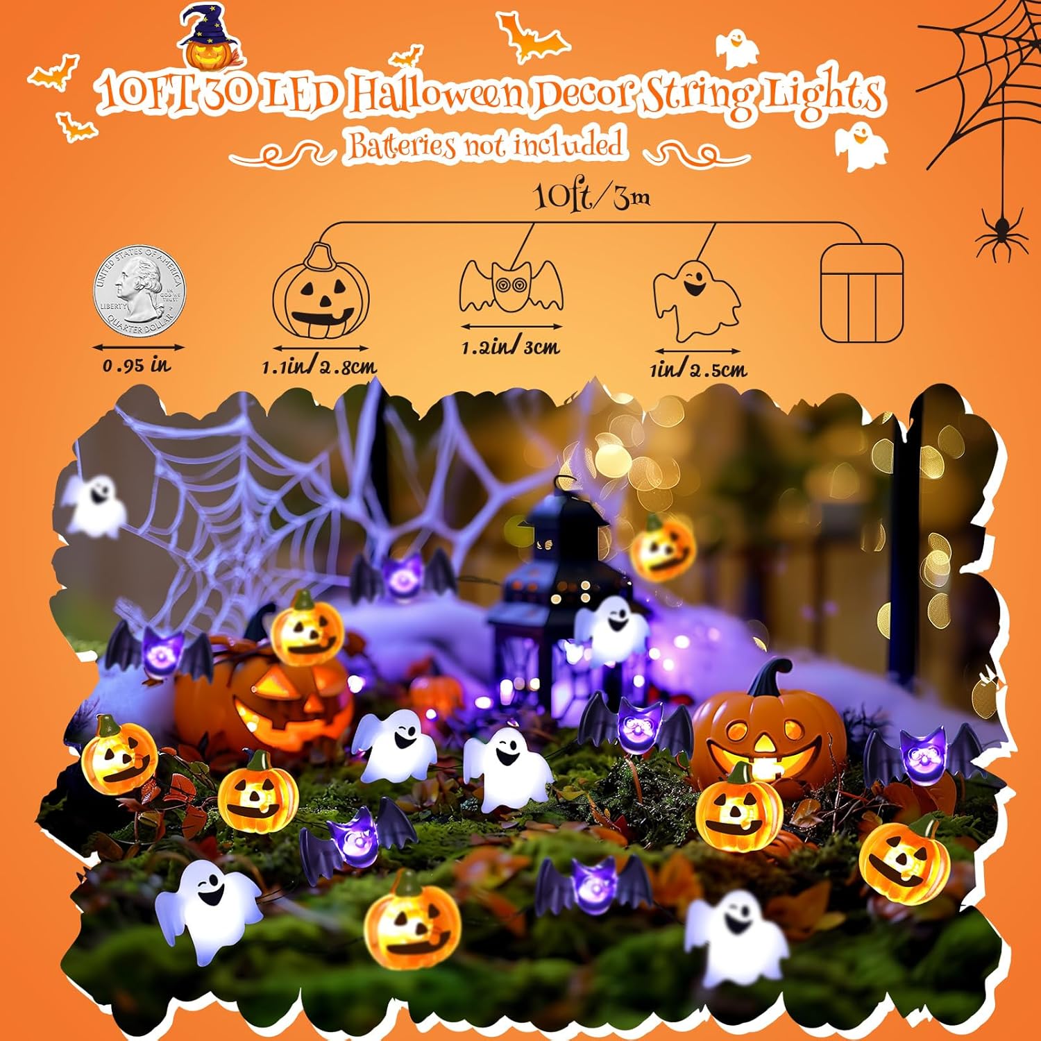 Halloween String Lights 30 LED Pumpkin Bat Ghost Battery Operated