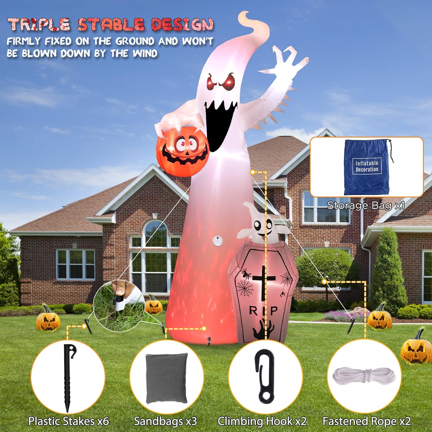 12FT Halloween Inflatable Ghost with RGB Lights & Scary Sound Outdoor