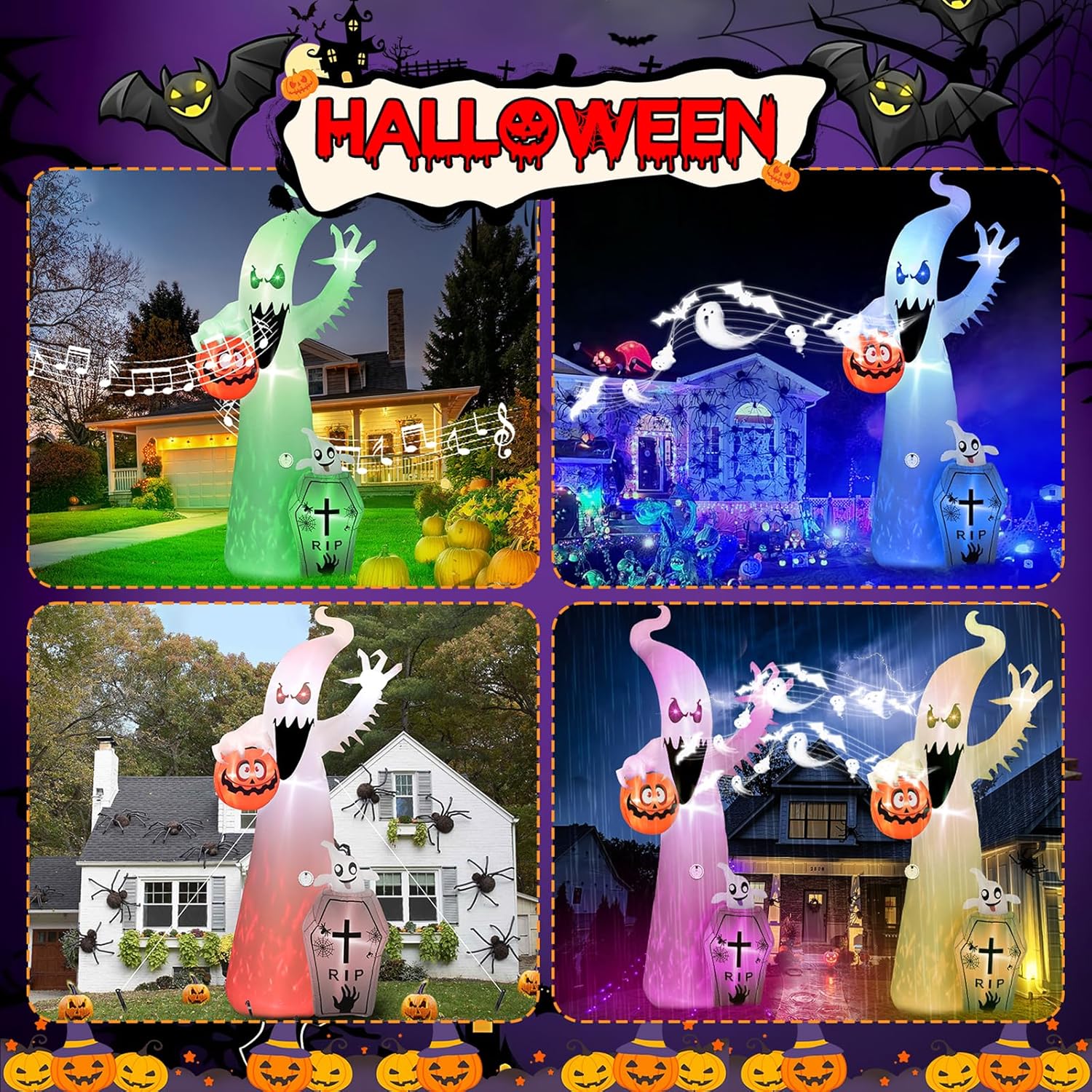 12FT Halloween Inflatable Ghost with RGB Lights & Scary Sound Outdoor