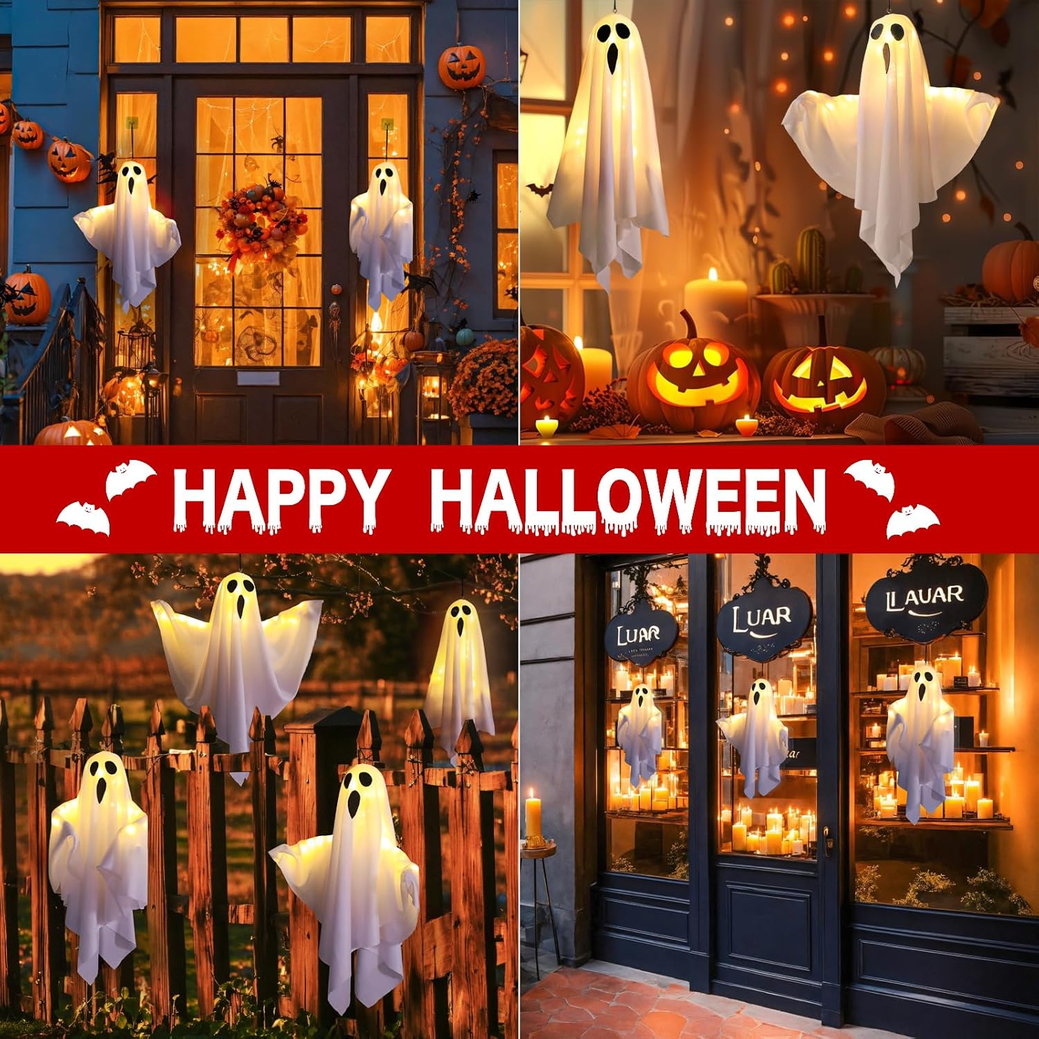 Halloween Ghost Decorations 4 Pack Hanging LED Lights for Home Party