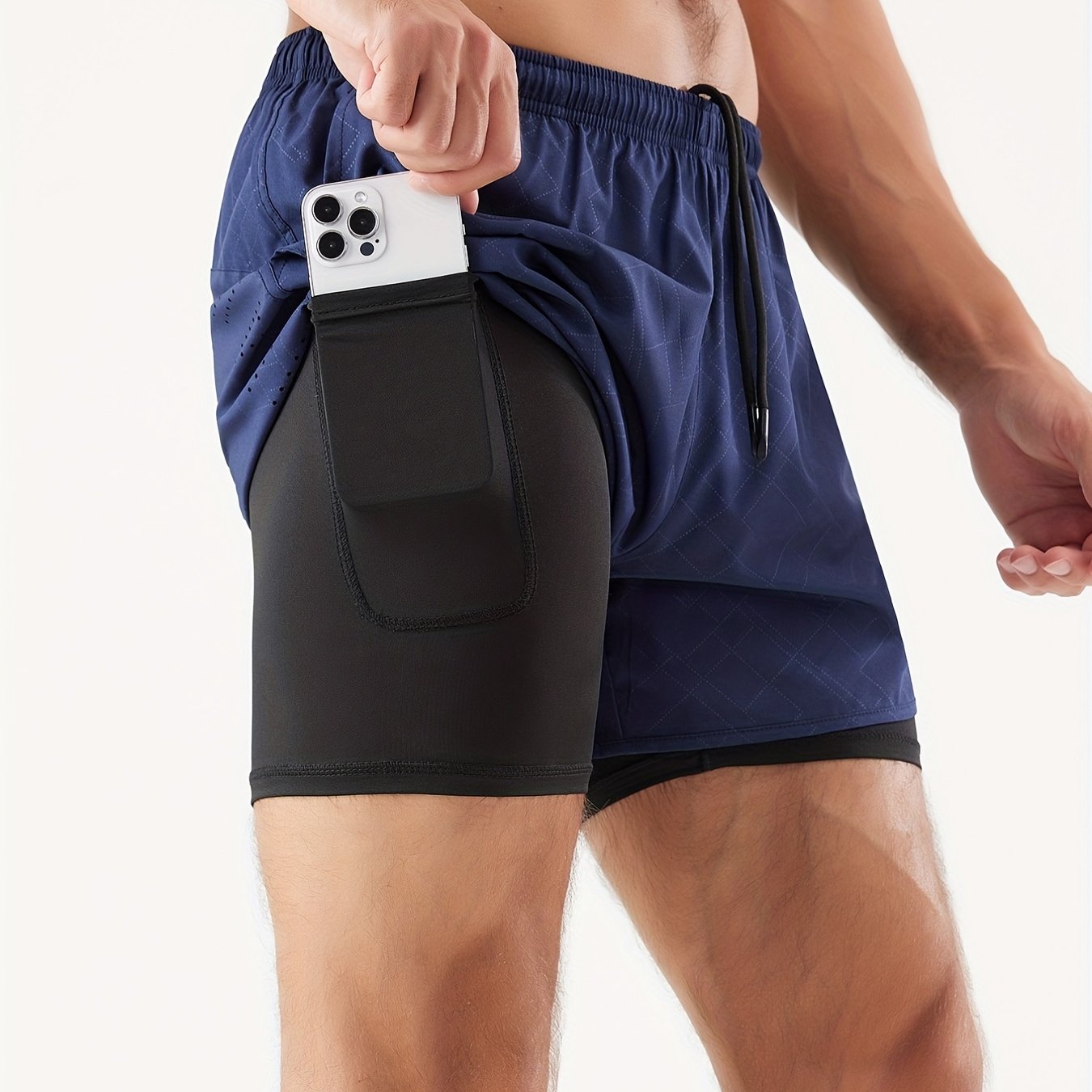 Men's 2 In 1 Running Shorts Quick Dry Gym Athletic Workout Shorts With Phone Pockets