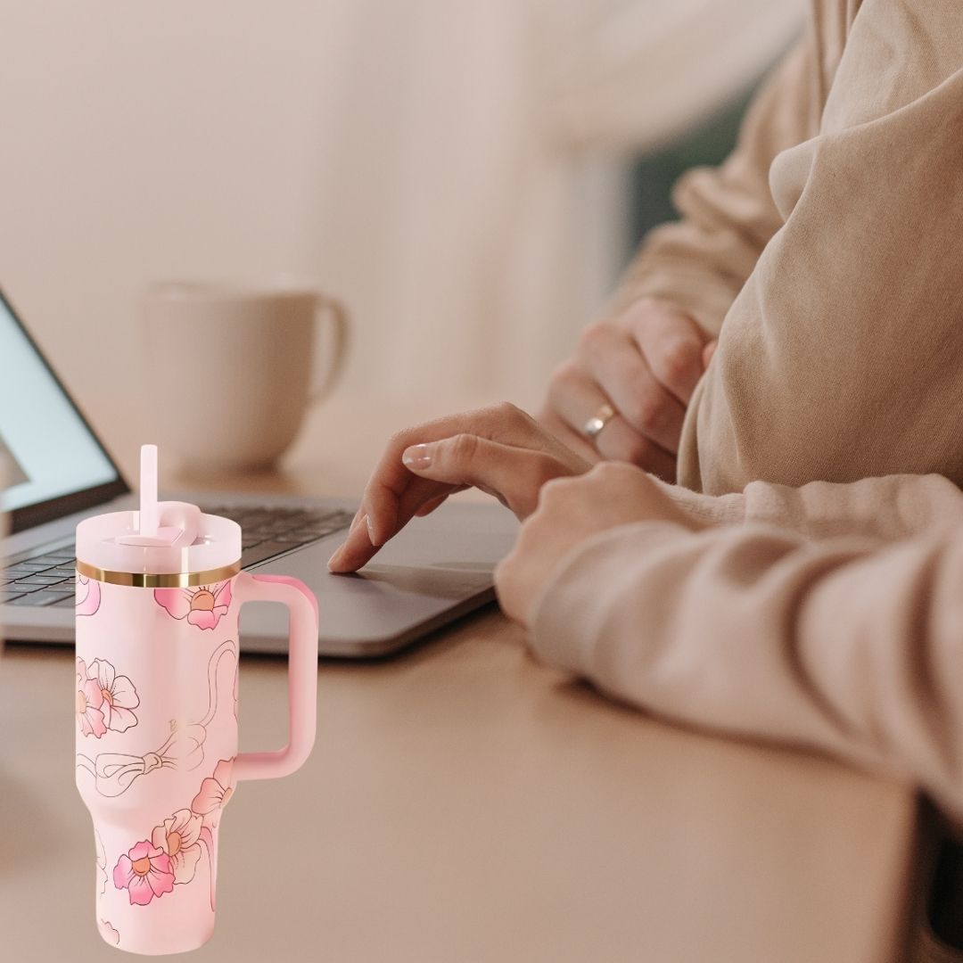 Floral Pattern Insulated Tumbler With Handle And Straw