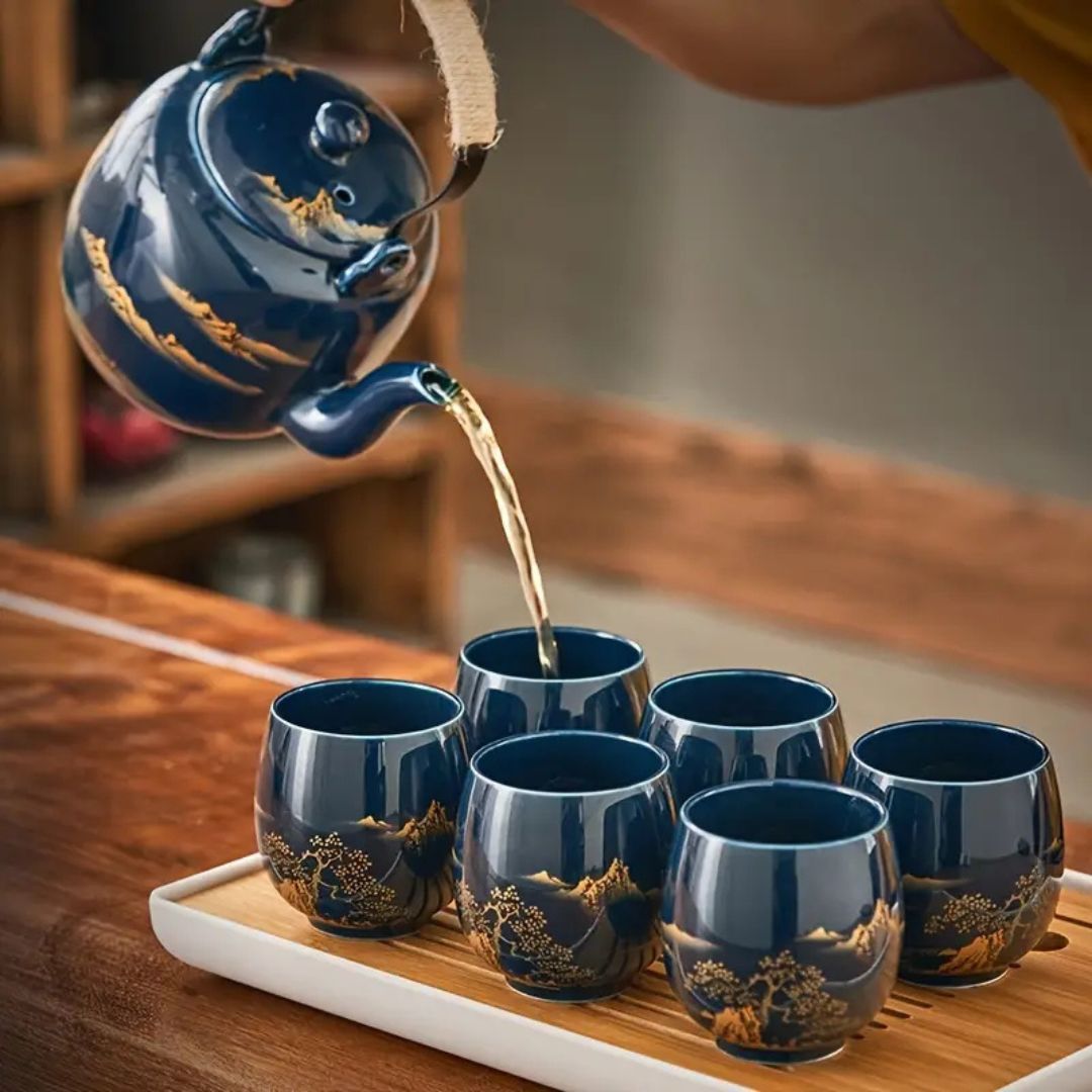 Japanese Blue Landscape Tea Set With Tray