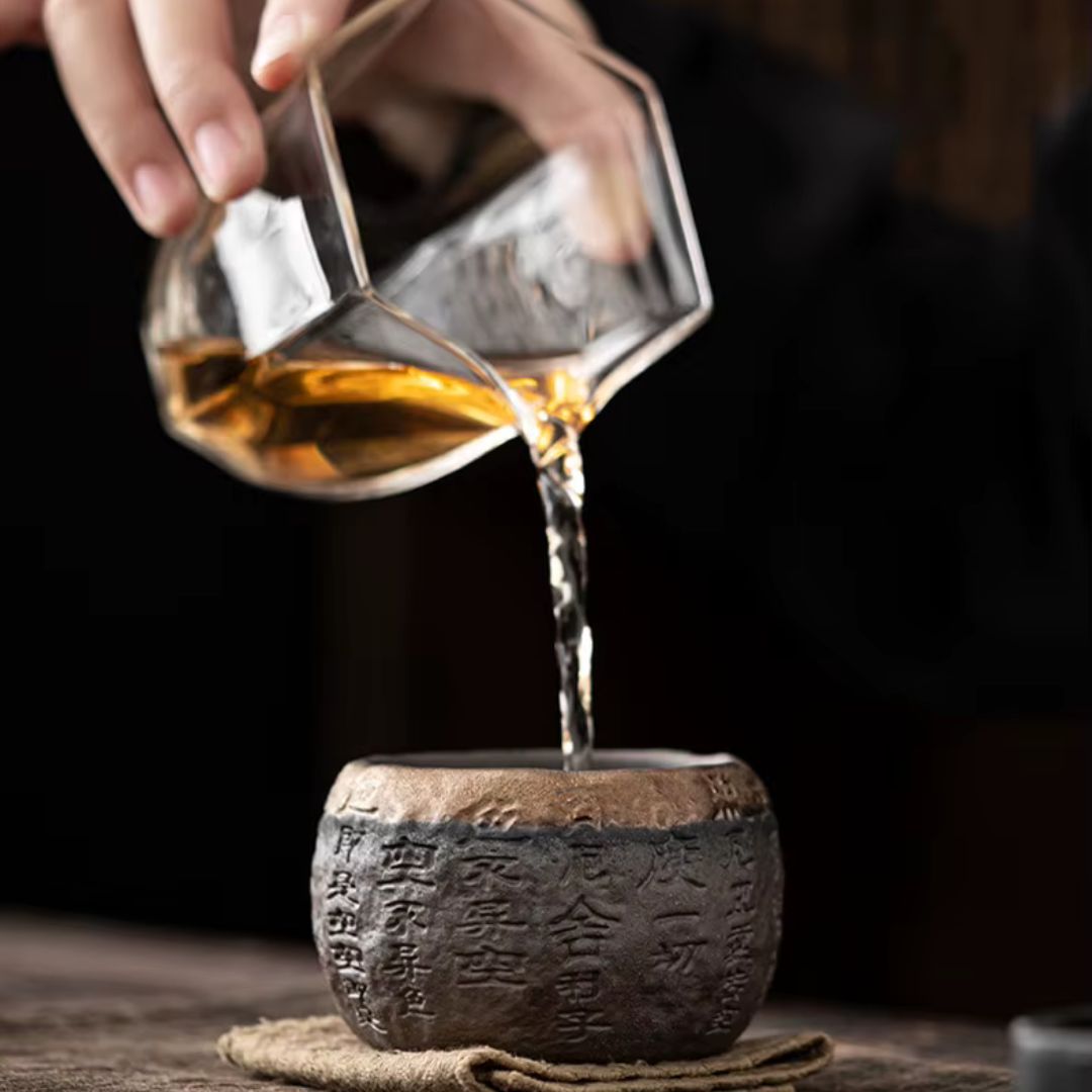 Rough Pottery Handmade Relief Heart Sutra Zen Cup