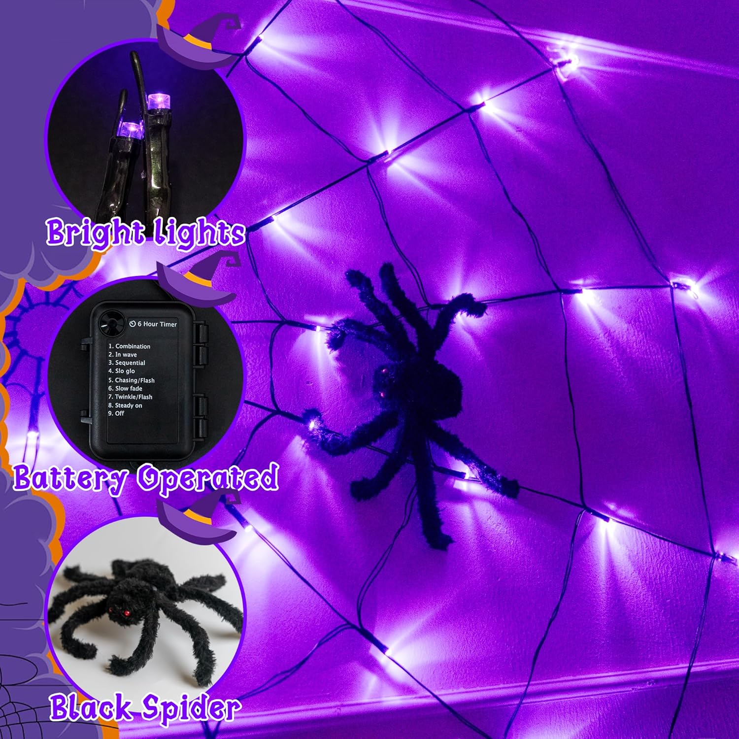 Halloween Spider Web Lights 2m 126 LED Purple Battery Operated