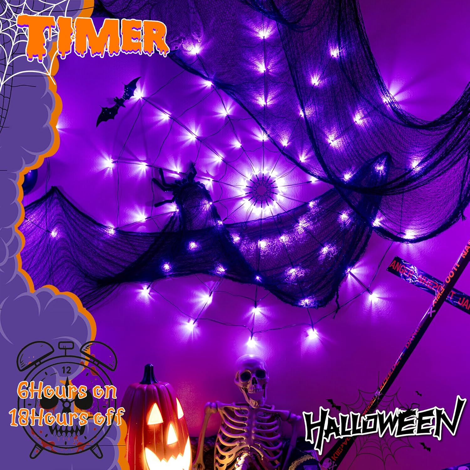 Halloween Spider Web Lights 2m 126 LED Purple Battery Operated