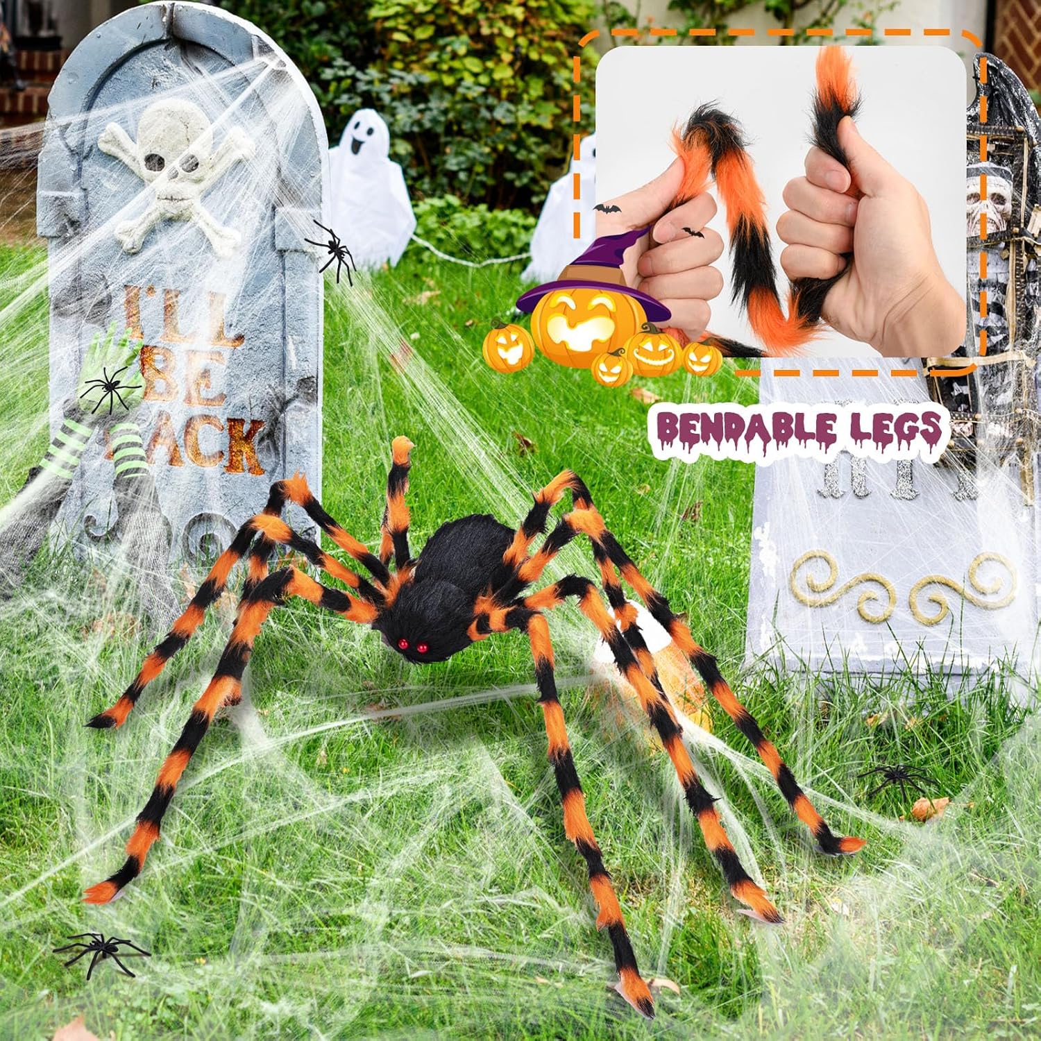 Halloween Outdoor Giant Spider Decoration with Web and Spiders Set