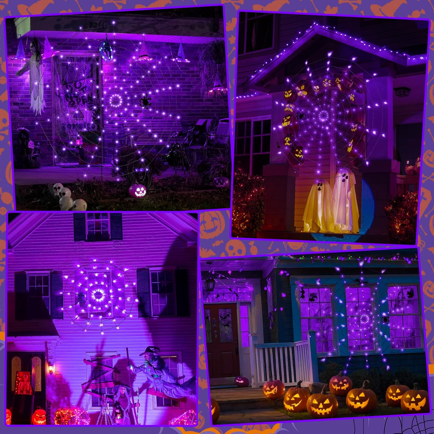 Halloween Spider Web Lights 2m 126 LED Purple Battery Operated