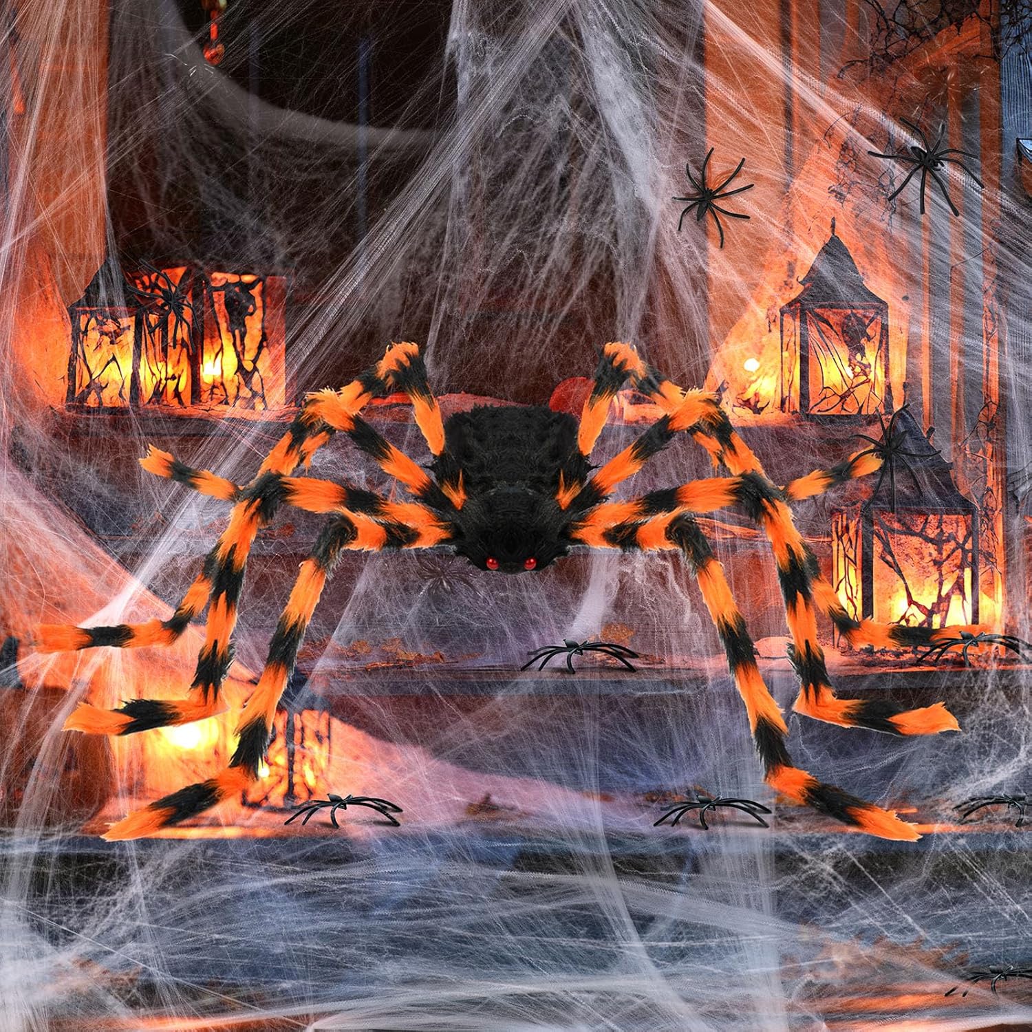 Halloween Outdoor Giant Spider Decoration with Web and Spiders Set