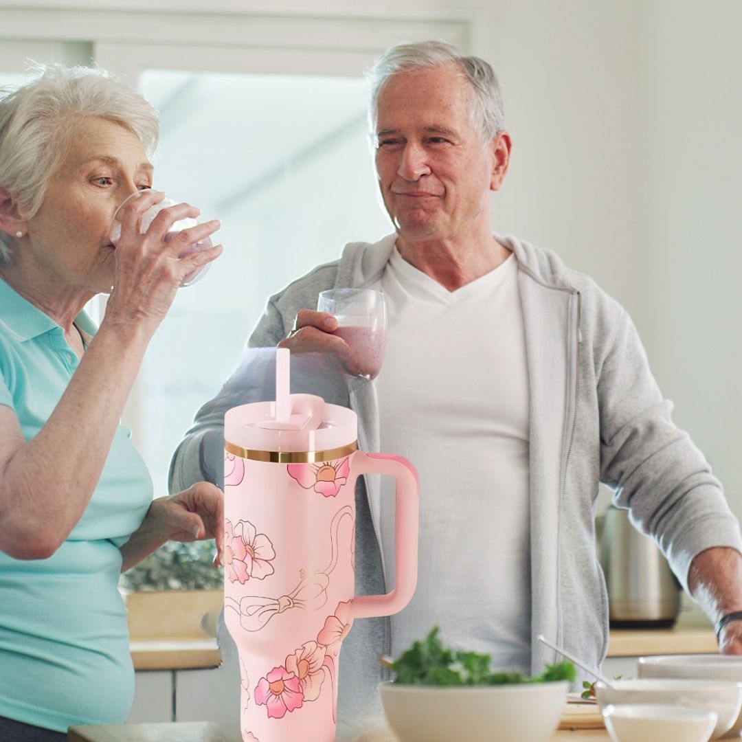 Floral Pattern Insulated Tumbler With Handle And Straw