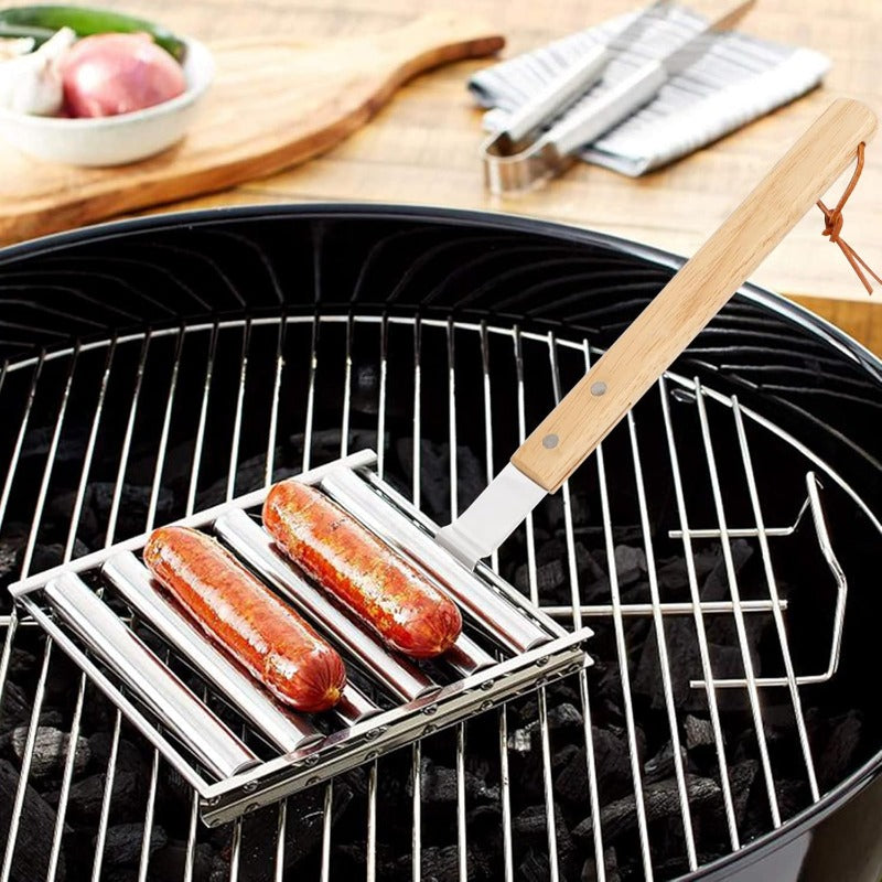 Rotating Hot Dog Grill Rack with Detachable Wood Handle