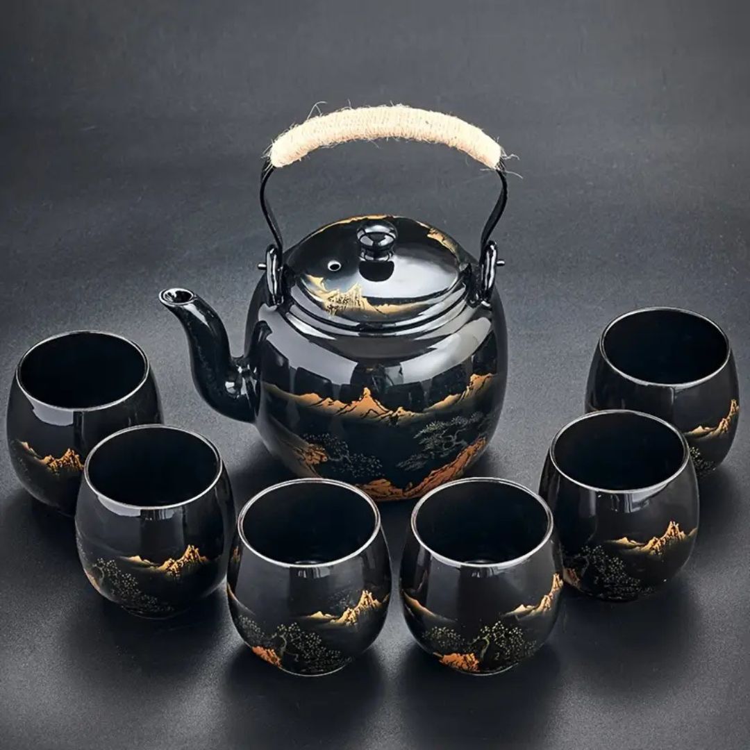 Japanese Blue Landscape Tea Set With Tray