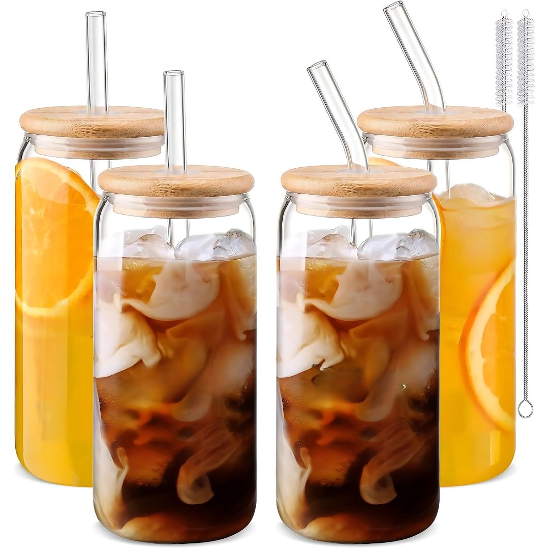 Glass Cups with Lids and Straws 4 pcs