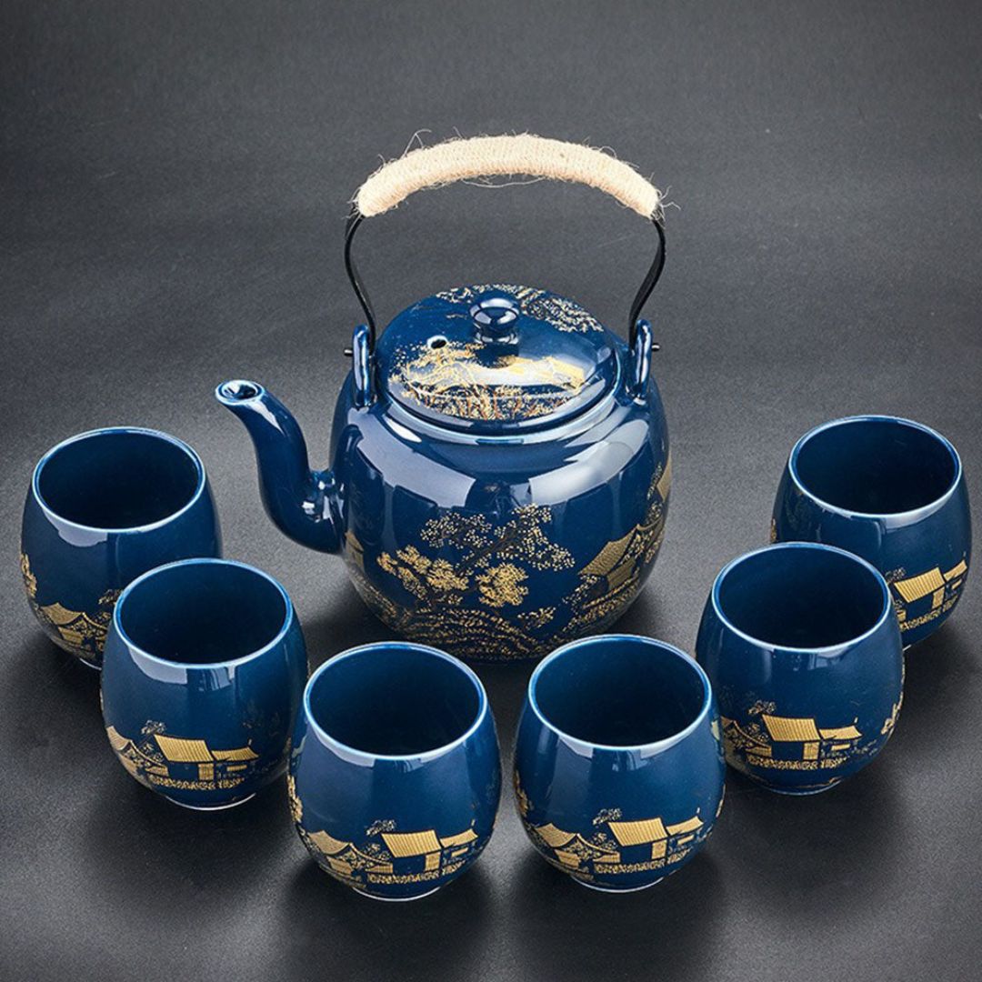 Japanese Blue Landscape Tea Set With Tray