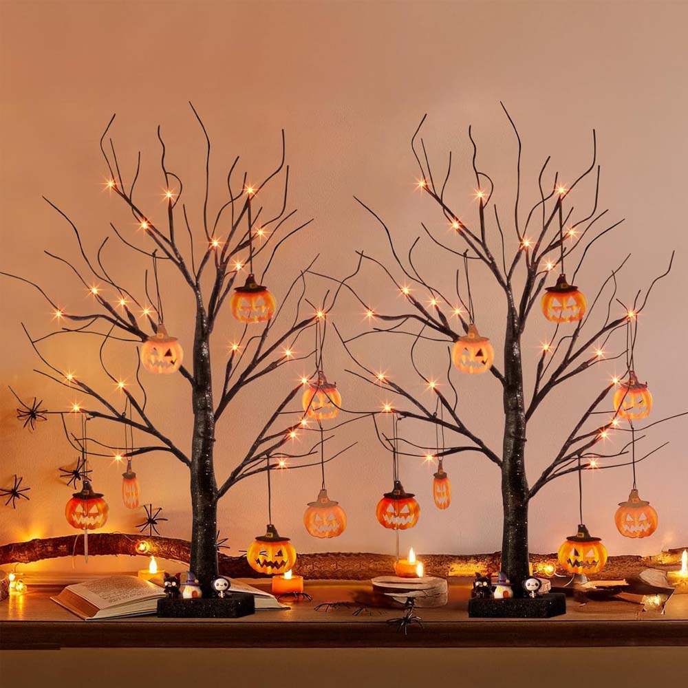 Halloween Tree Lights with Pumpkins, 2FT Black Twig LED Trees Set of 2