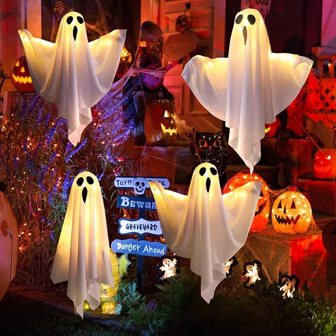 Halloween Ghost Decorations 4 Pack Hanging LED Lights for Home Party