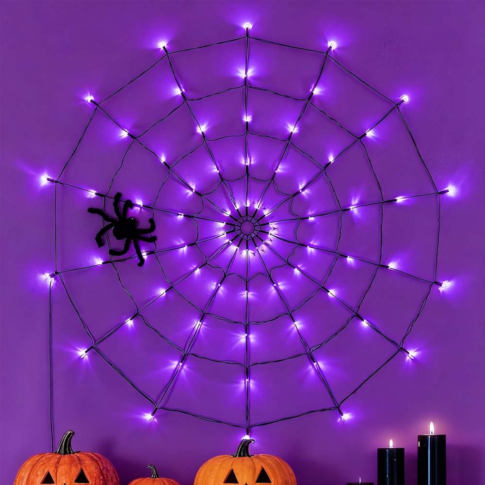 Halloween Spider Web Lights 2m 126 LED Purple Battery Operated