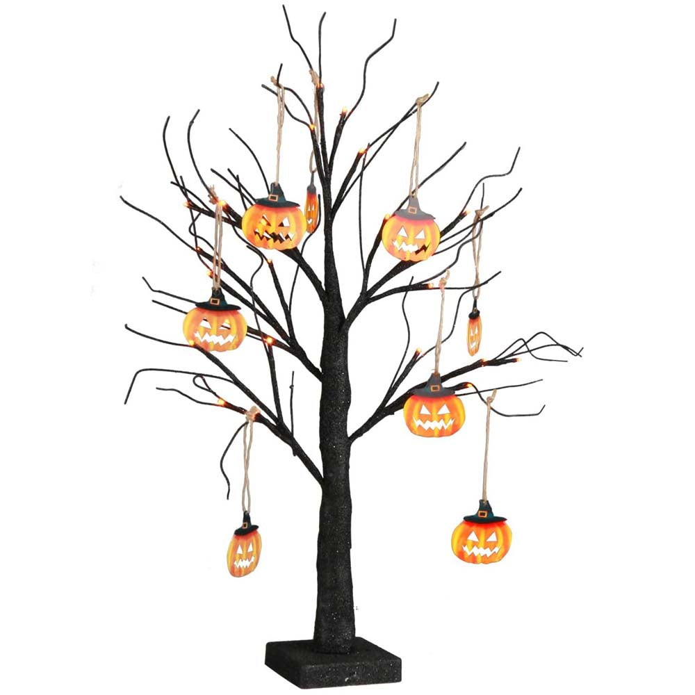 Small Black Glitter Halloween Tree with 24 Orange LED Lights 60cm
