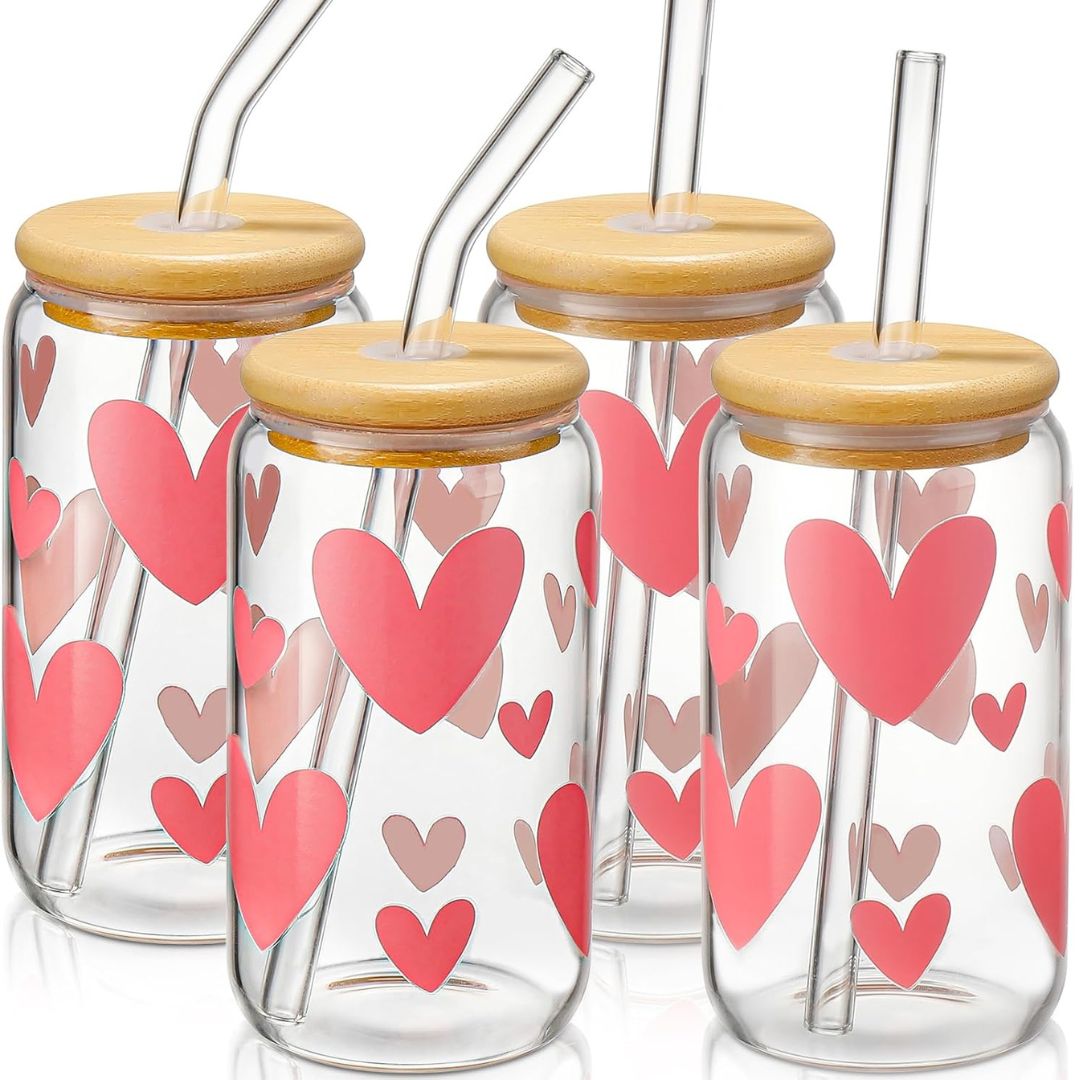 Glass Cups with Lids and Straws 4 pcs
