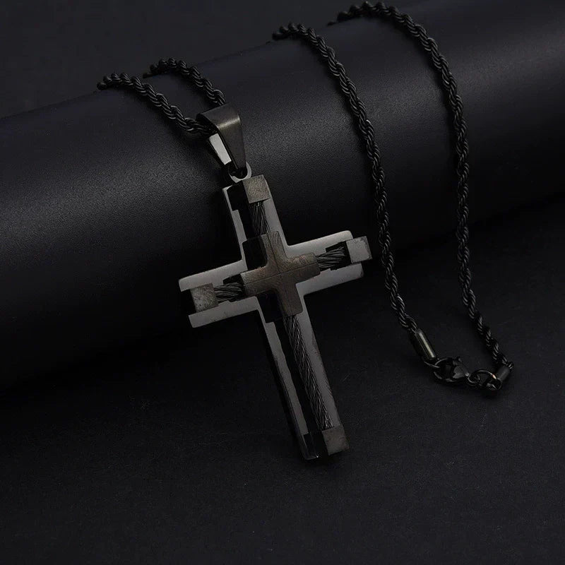Gold-Plated Twisted Rope Cross Pendant Necklace