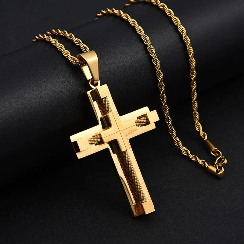 Gold-Plated Twisted Rope Cross Pendant Necklace