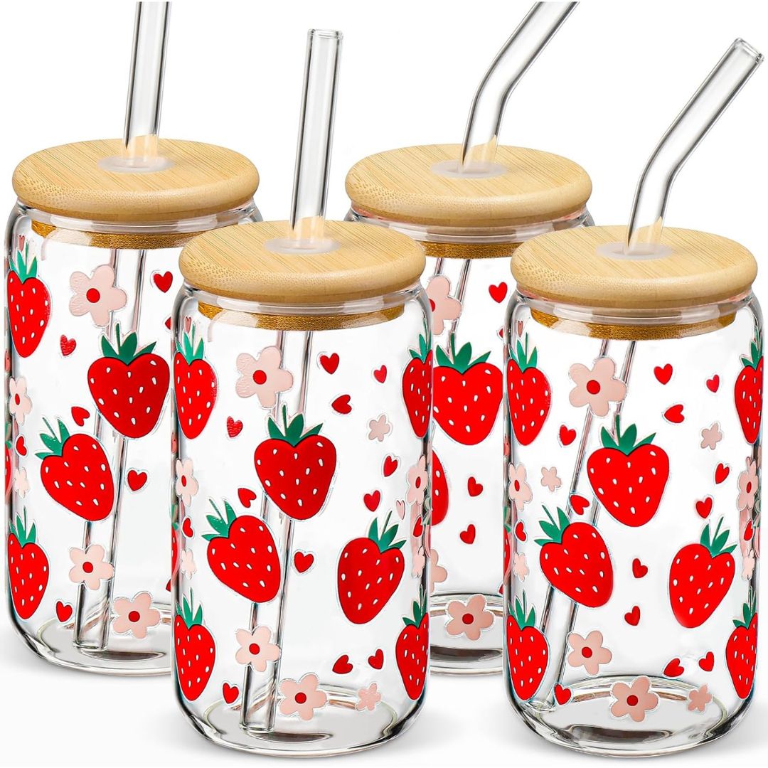 Glass Cups with Lids and Straws 4 pcs
