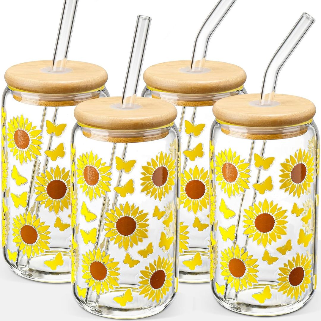 Glass Cups with Lids and Straws 4 pcs