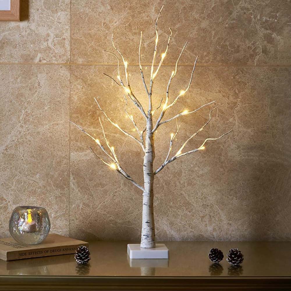White Christmas Tree with Lights Mini Birch Twig Tabletop Decoration 60cm